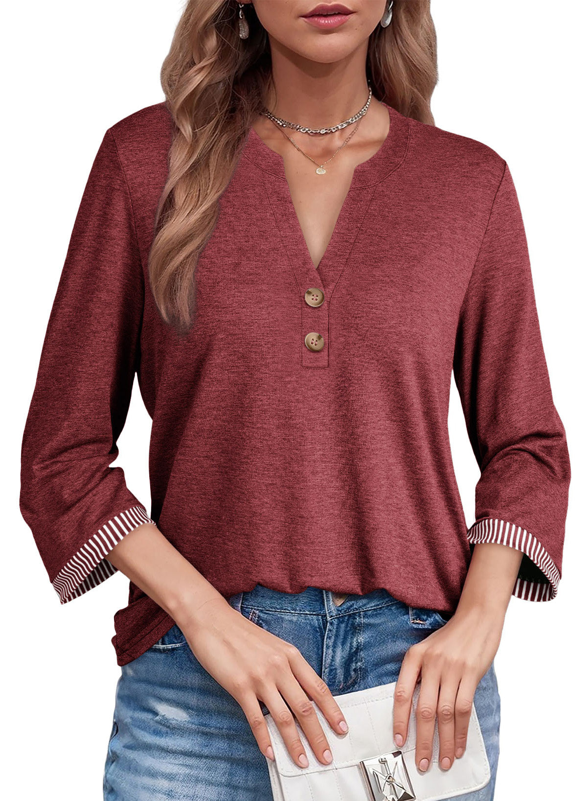 Dokotoo Womens Tops Fall 3/4 Length Sleeve Fashion Solid T-Shirts