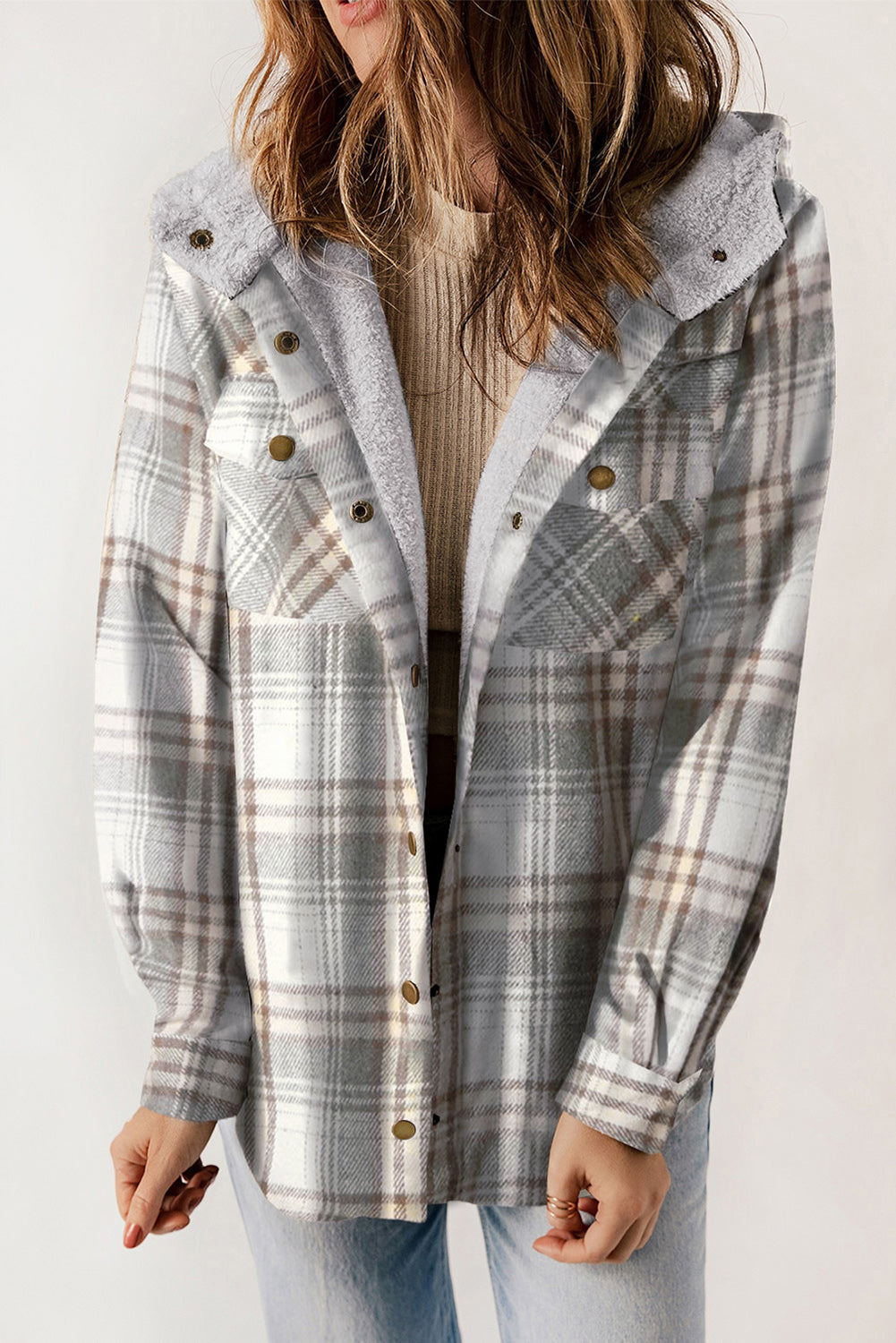 Dokotoo Womens Plaid Shacket Jacket Long Sleeve Button Down Fleece Hooded Jackets Warm Coat