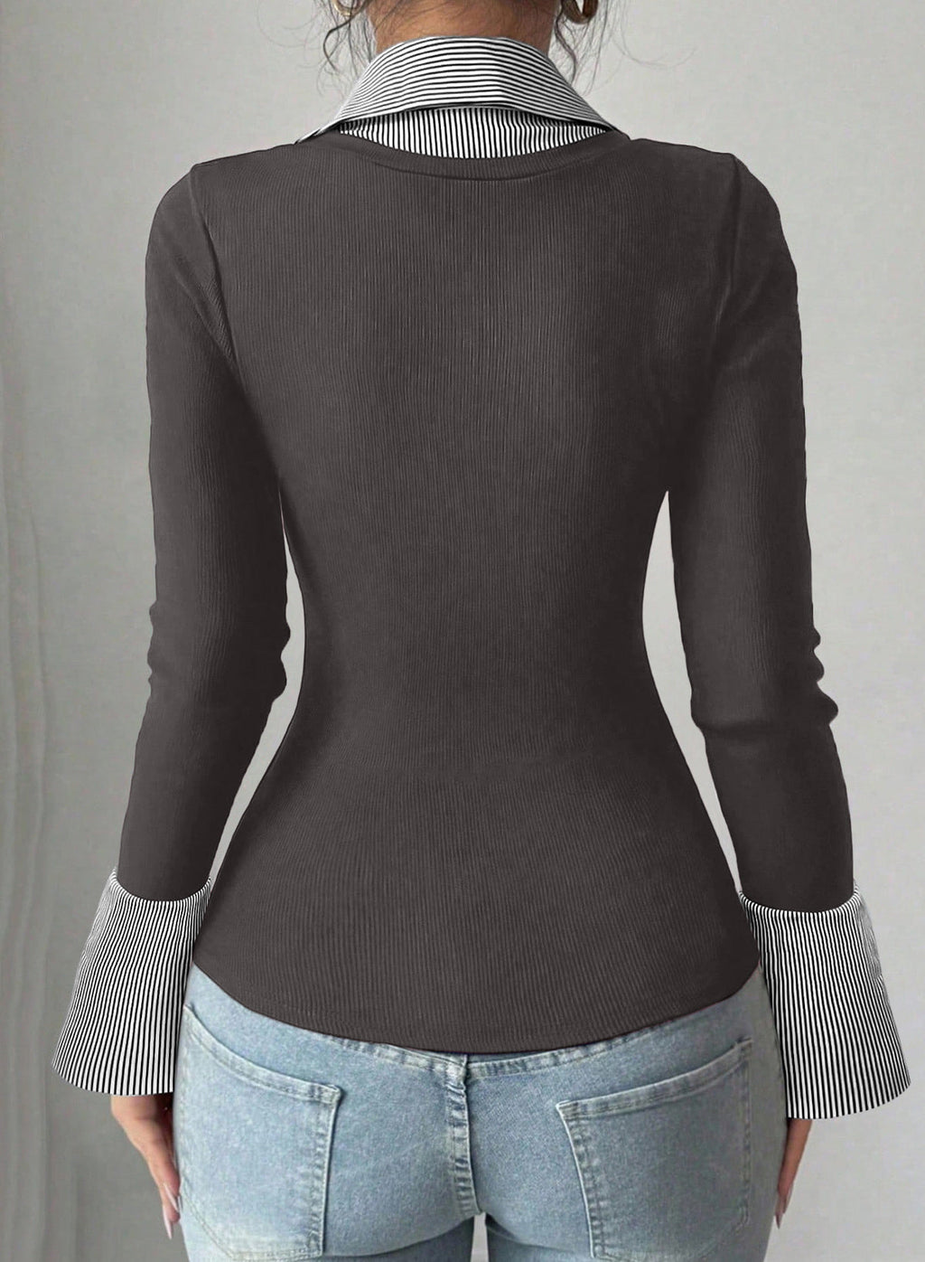 Dokotoo Womens Long Sleeve Polo Shirts Striped Collar Ribbed Knit Fit Tops