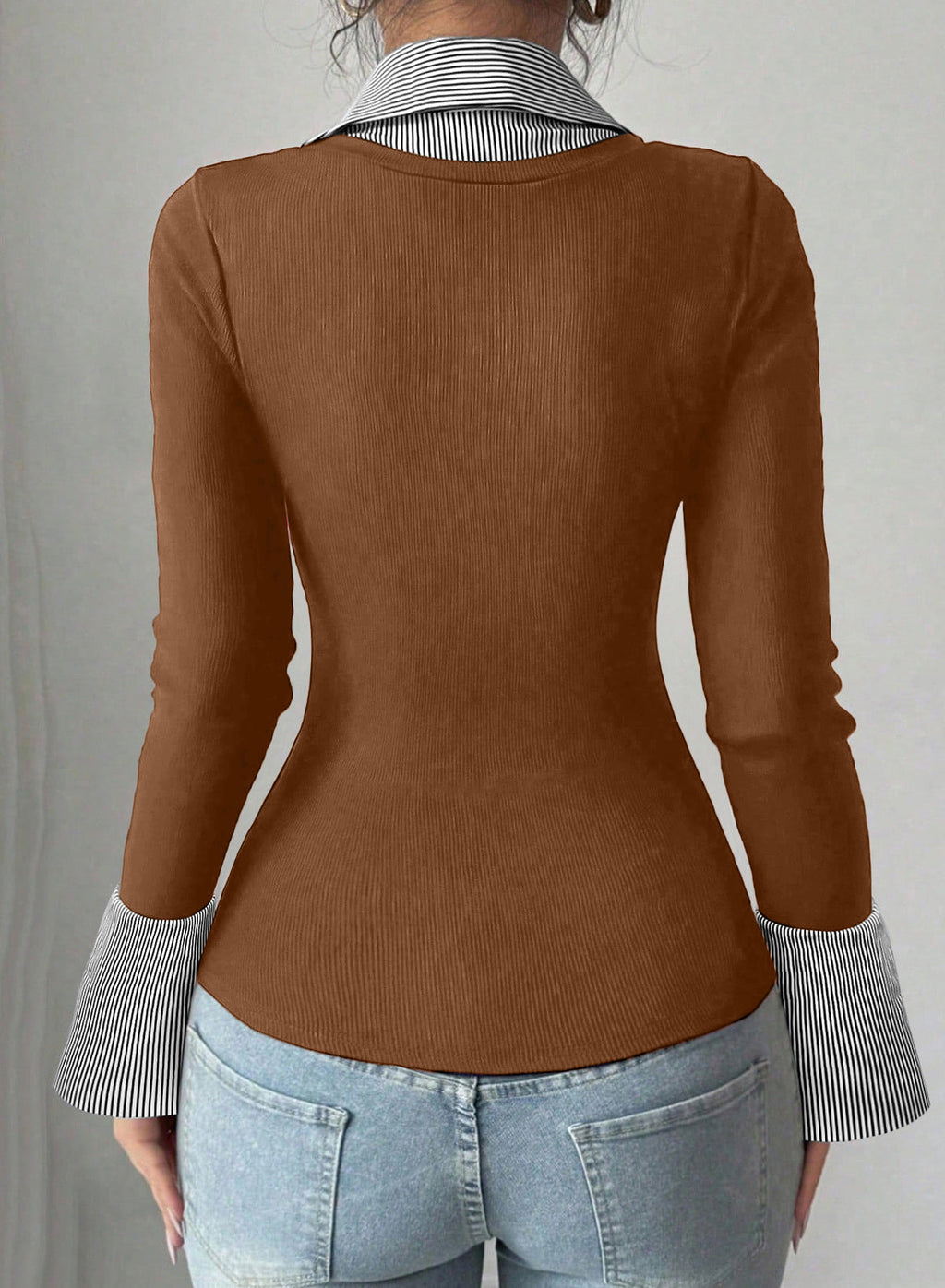 Dokotoo Womens Long Sleeve Polo Shirts Striped Collar Ribbed Knit Fit Tops