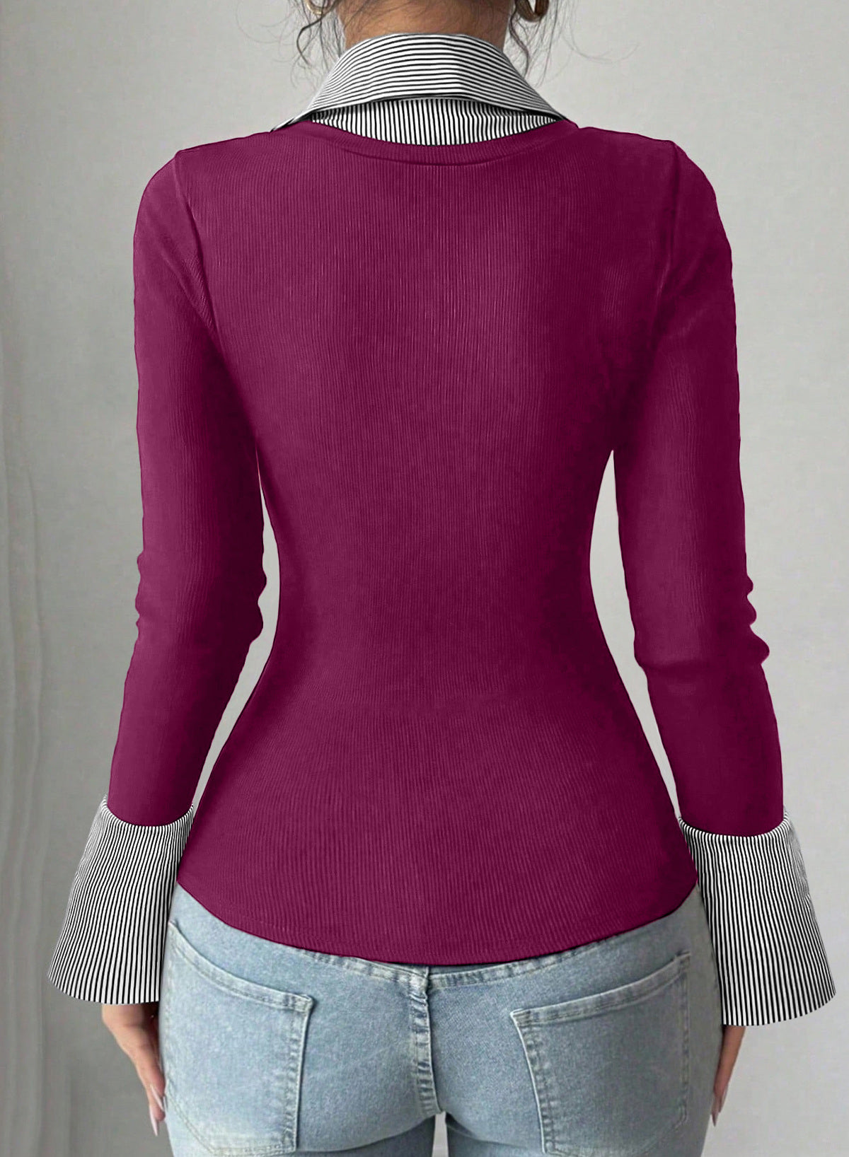 Dokotoo Womens Long Sleeve Polo Shirts Striped Collar Ribbed Knit Fit Tops