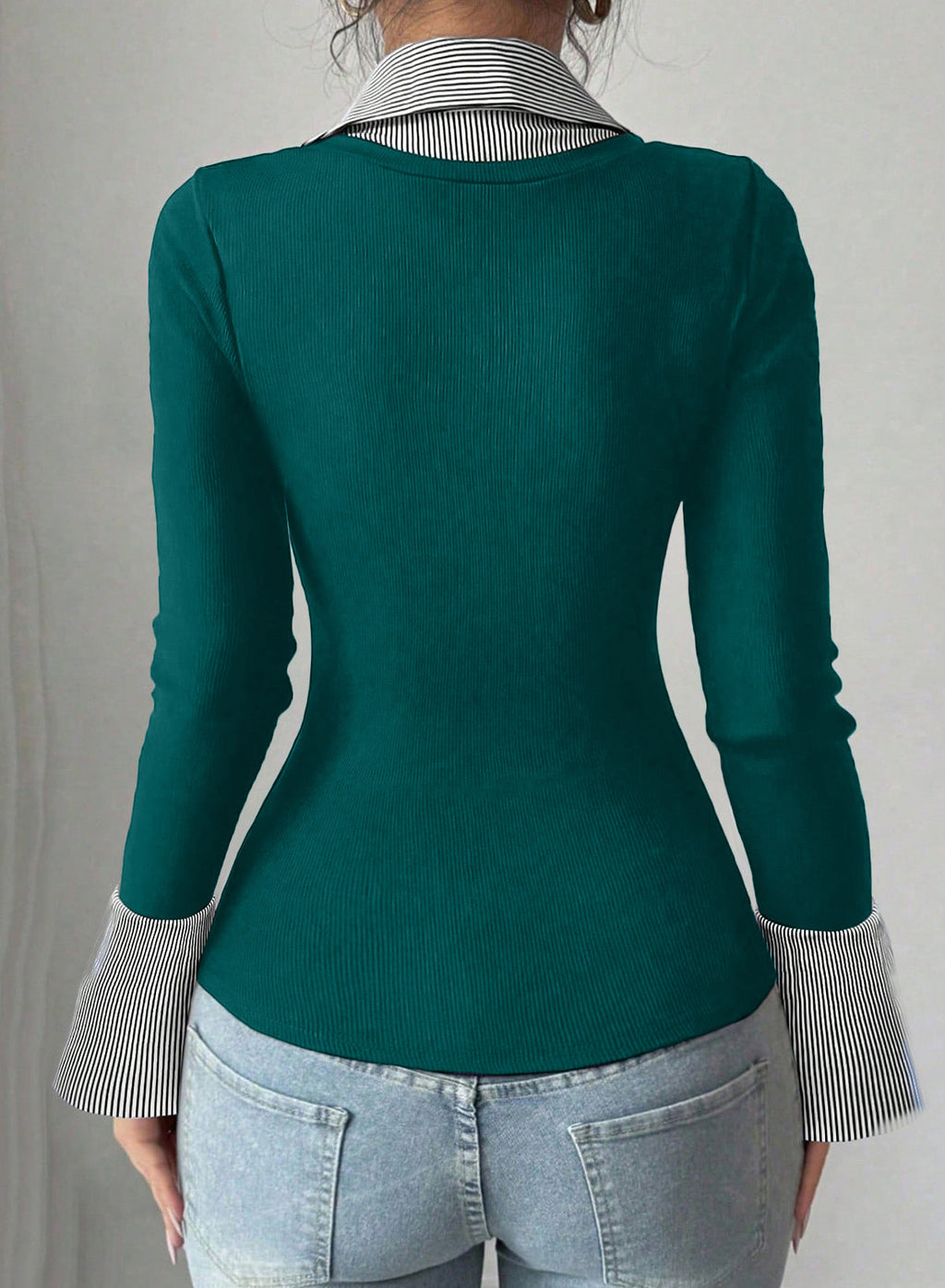 Dokotoo Womens Long Sleeve Polo Shirts Striped Collar Ribbed Knit Fit Tops