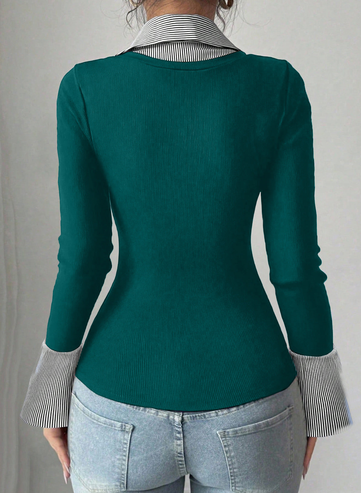 Dokotoo Womens Long Sleeve Polo Shirts Striped Collar Ribbed Knit Fit Tops