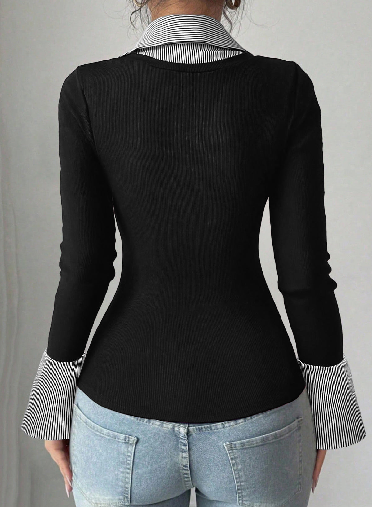 Dokotoo Womens Long Sleeve Polo Shirts Striped Collar Ribbed Knit Fit Tops