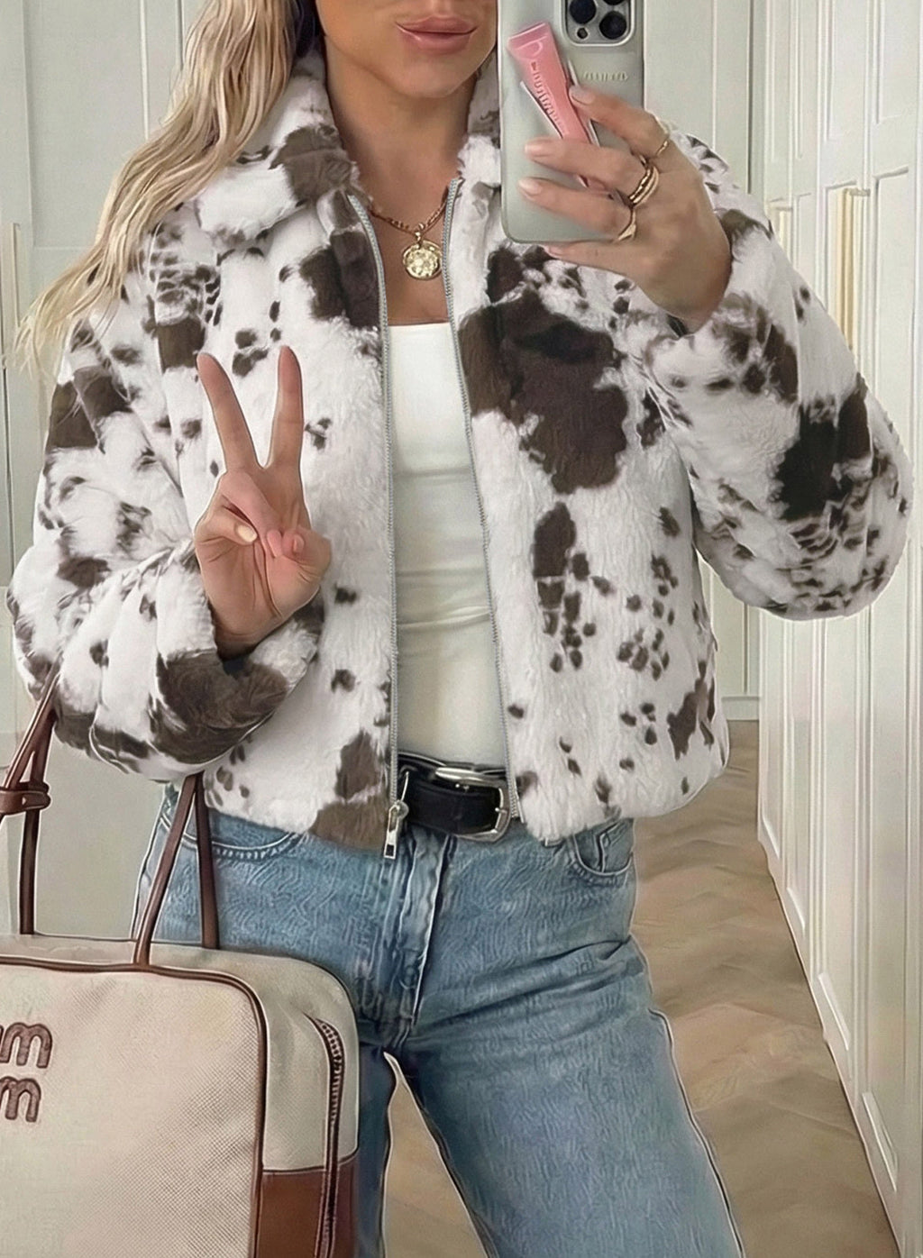 Dokotoo Winter Fleece Jacket for Women Zip Up Cow Print Coats 2026