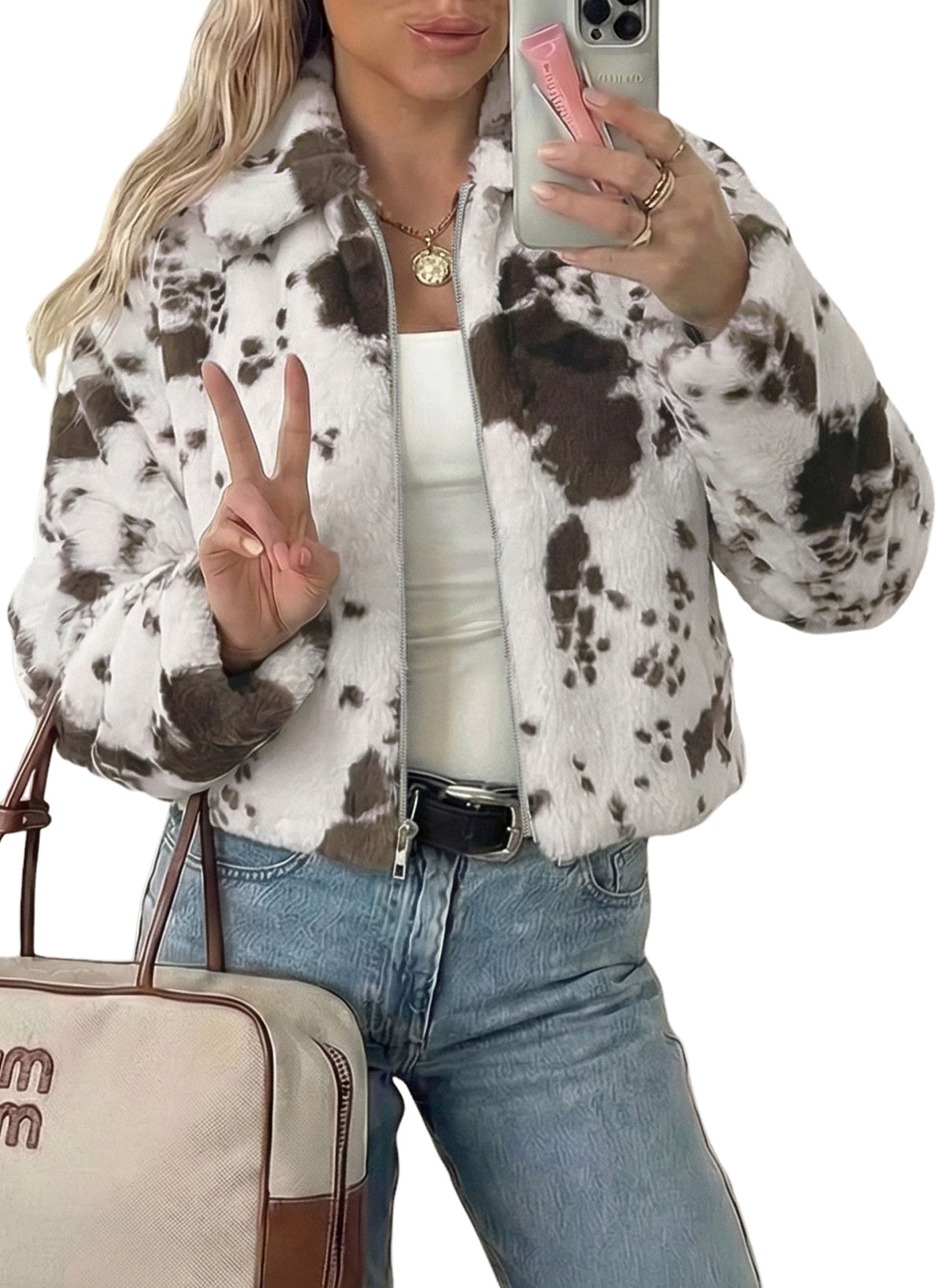 Dokotoo Winter Fleece Jacket for Women Zip Up Cow Print Coats 2026