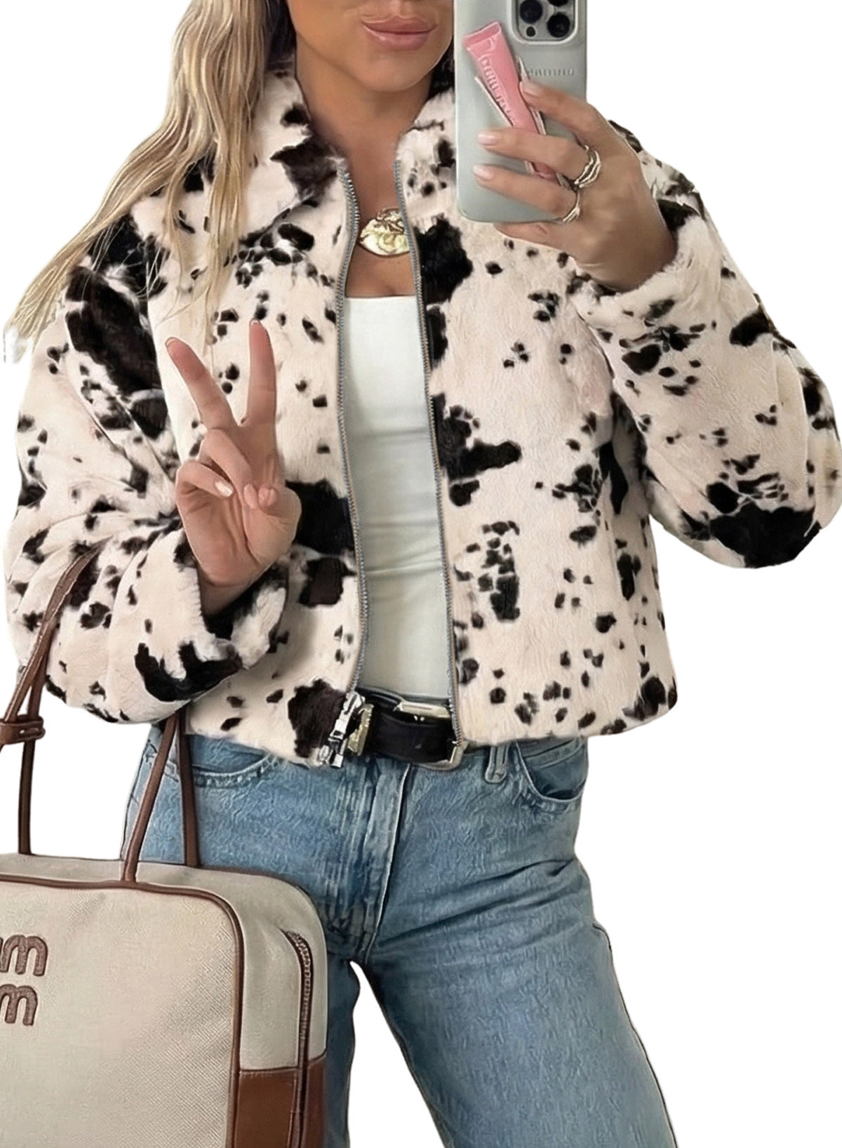 Dokotoo Winter Fleece Jacket for Women Zip Up Cow Print Coats 2026