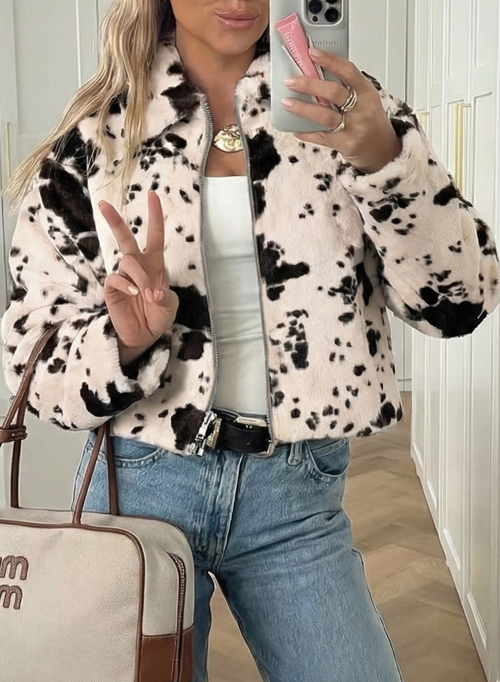 Dokotoo Winter Fleece Jacket for Women Zip Up Cow Print Coats 2026