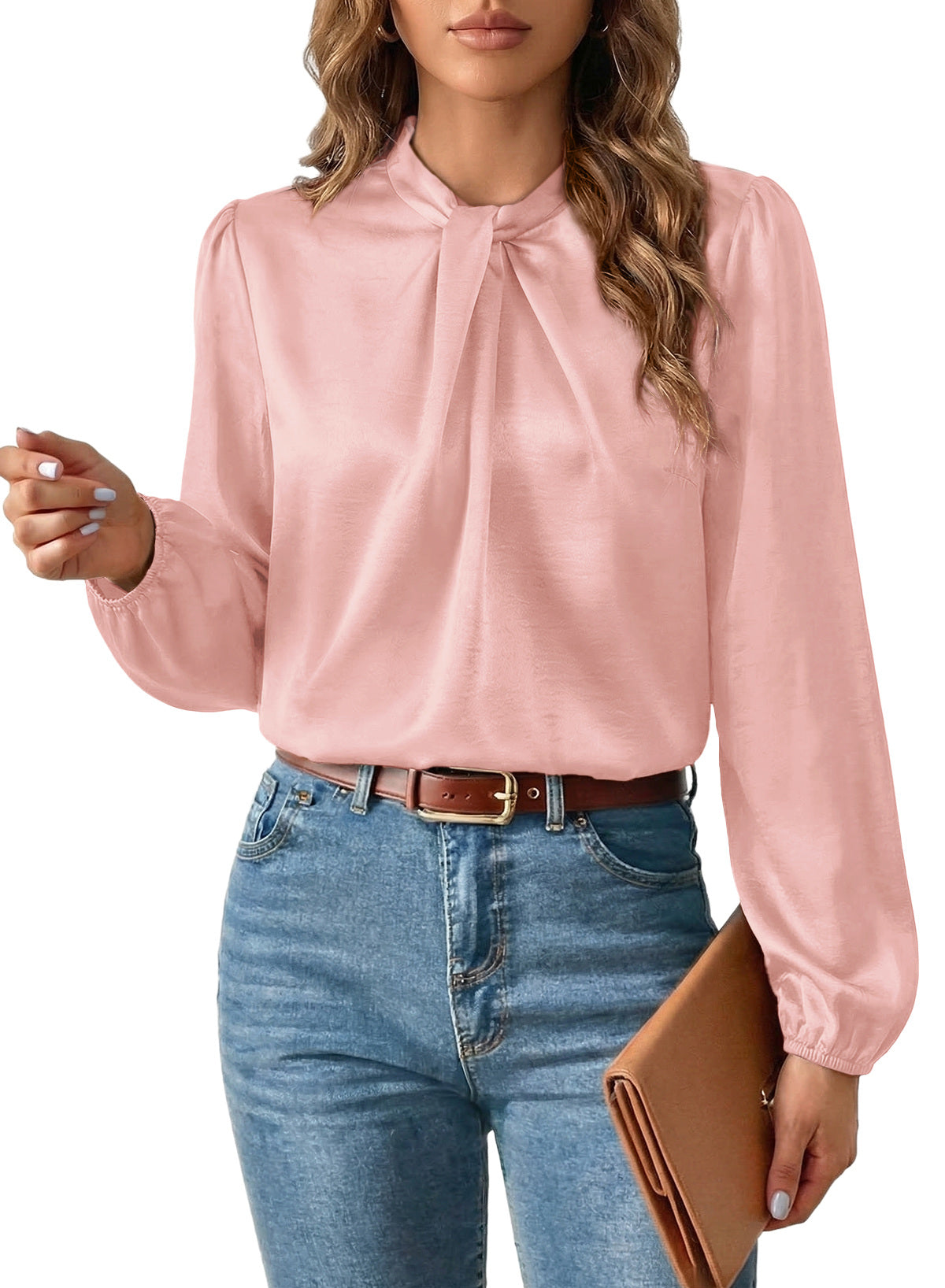 Women's Long Sleeve Satin Blouse,Mock Neck Work Silk Shirts,Dressy Tops for Business Casual Office