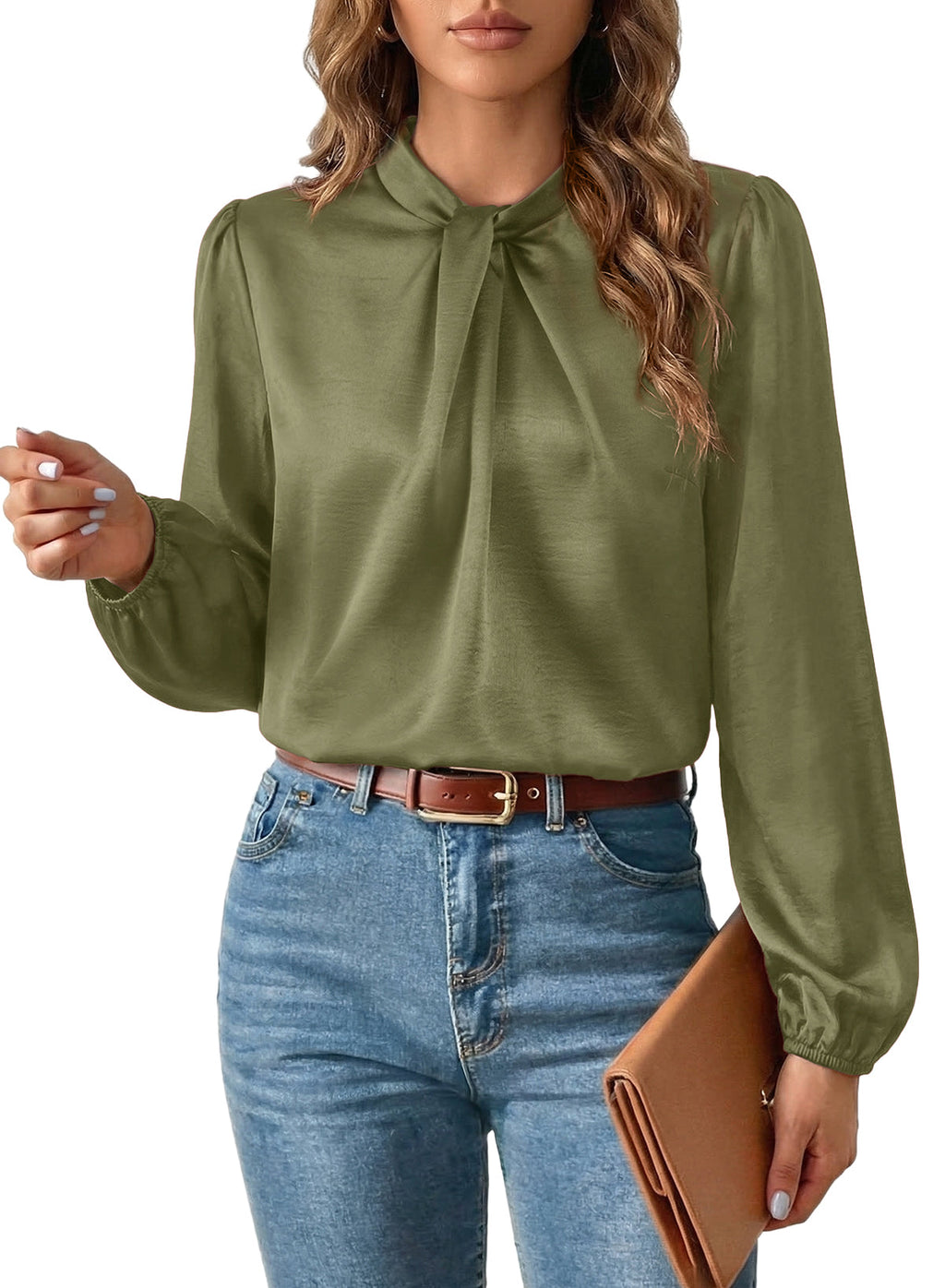 Women's Long Sleeve Satin Blouse,Mock Neck Work Silk Shirts,Dressy Tops for Business Casual Office