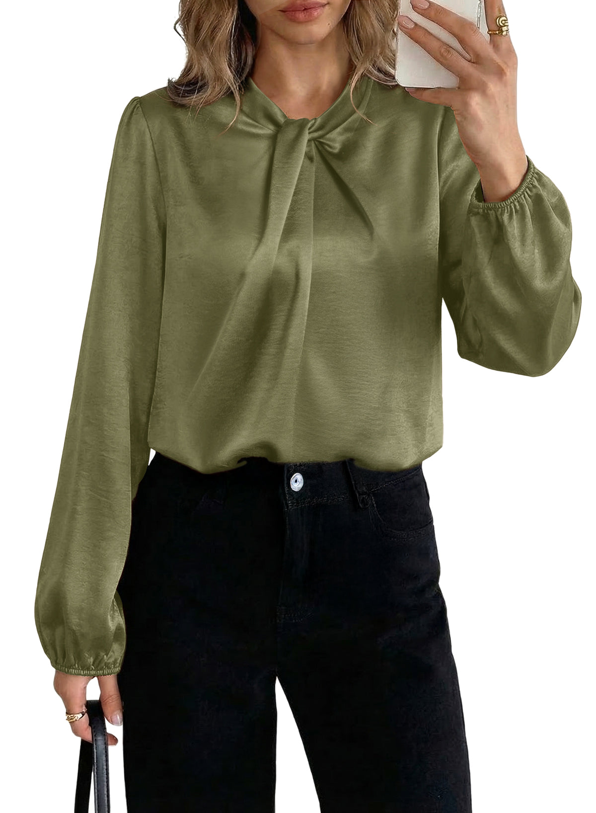 Women's Long Sleeve Satin Blouse,Mock Neck Work Silk Shirts,Dressy Tops for Business Casual Office