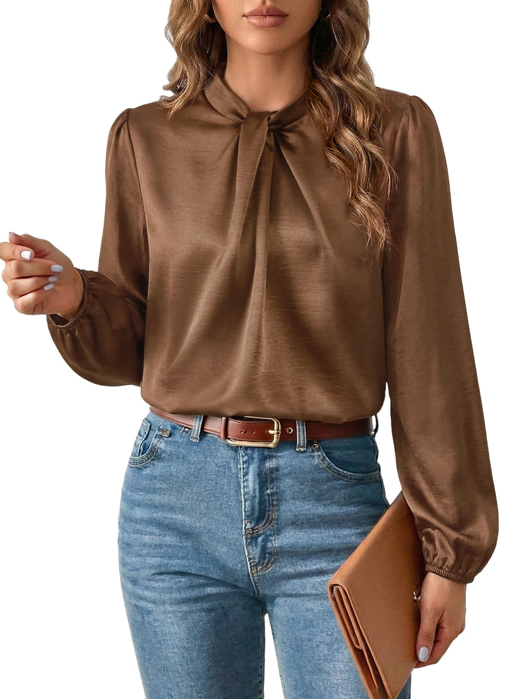 Women's Long Sleeve Satin Blouse,Mock Neck Work Silk Shirts,Dressy Tops for Business Casual Office