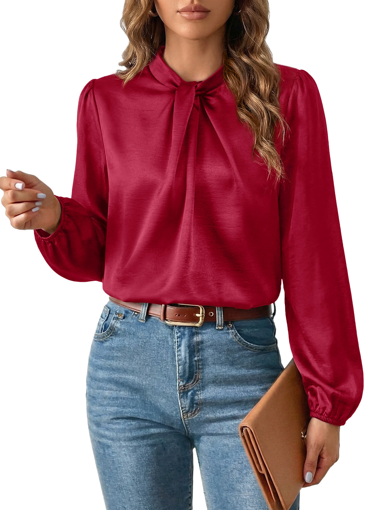 Women's Long Sleeve Satin Blouse,Mock Neck Work Silk Shirts,Dressy Tops for Business Casual Office