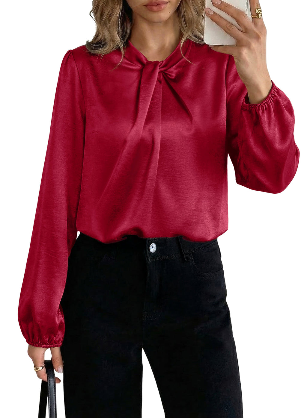 Women's Long Sleeve Satin Blouse,Mock Neck Work Silk Shirts,Dressy Tops for Business Casual Office