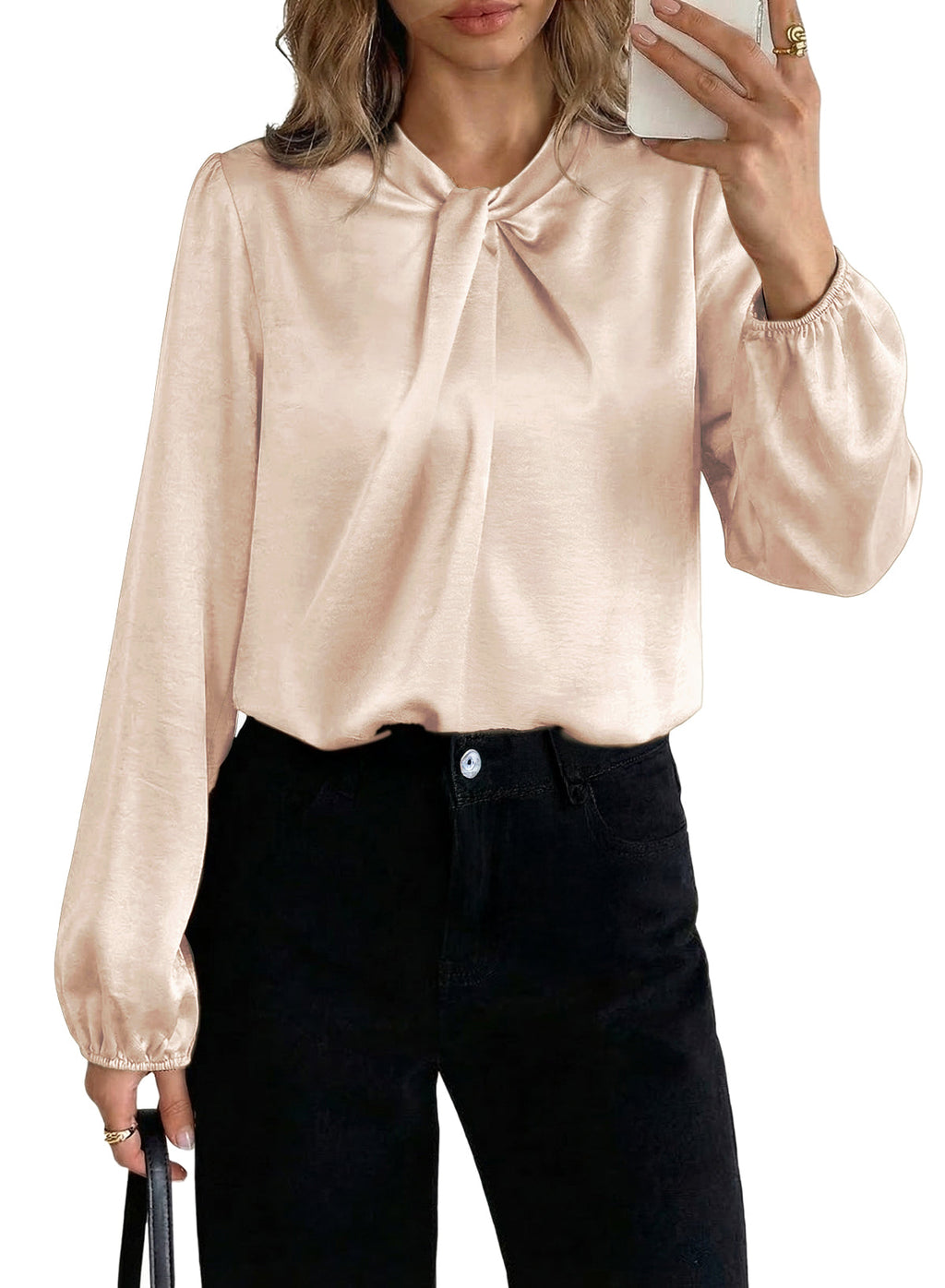 Women's Long Sleeve Satin Blouse,Mock Neck Work Silk Shirts,Dressy Tops for Business Casual Office