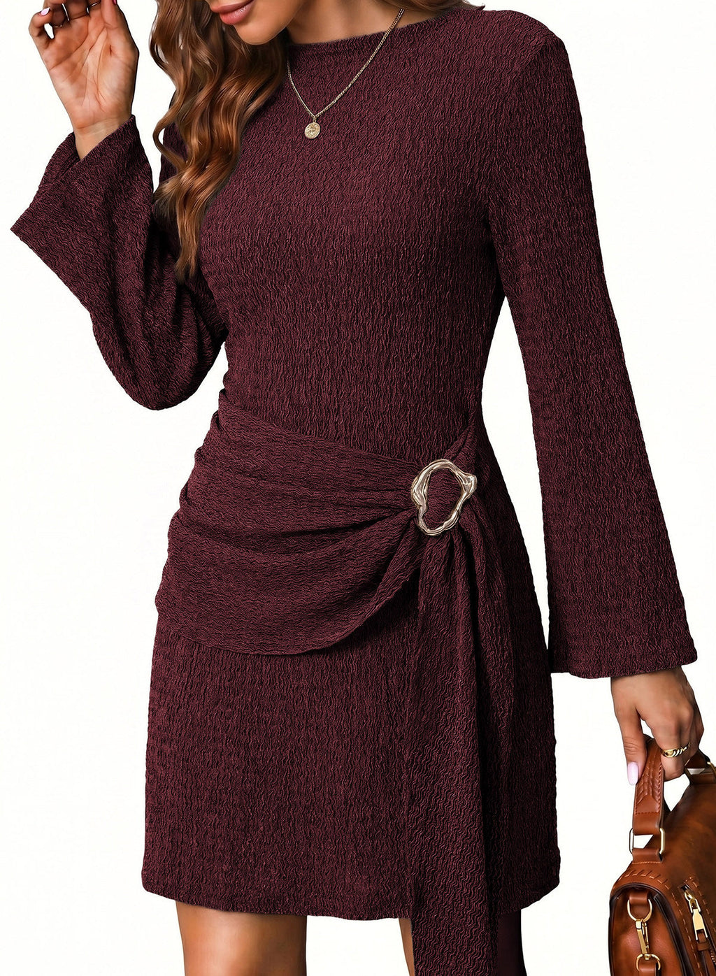 Womens Bell Long Sleeve Mock Neck Tie Waist Ruched Mini Dresses