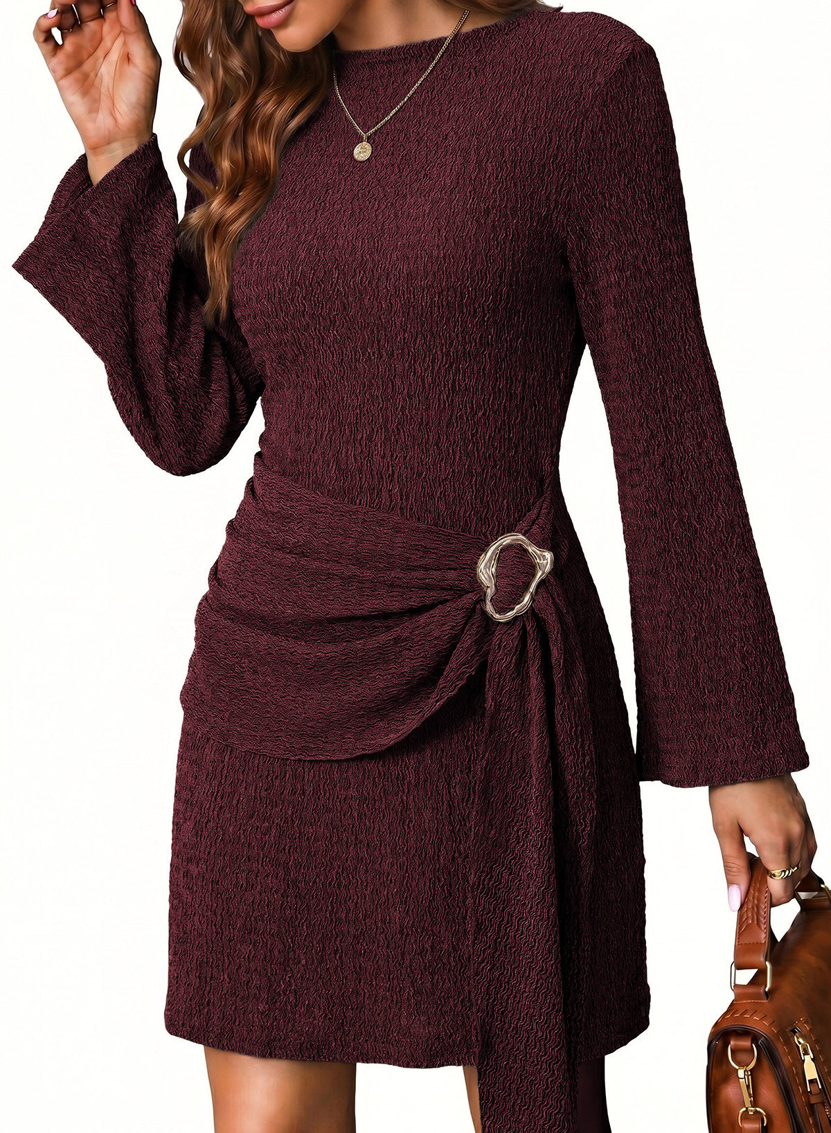 Womens Bell Long Sleeve Mock Neck Tie Waist Ruched Mini Dresses