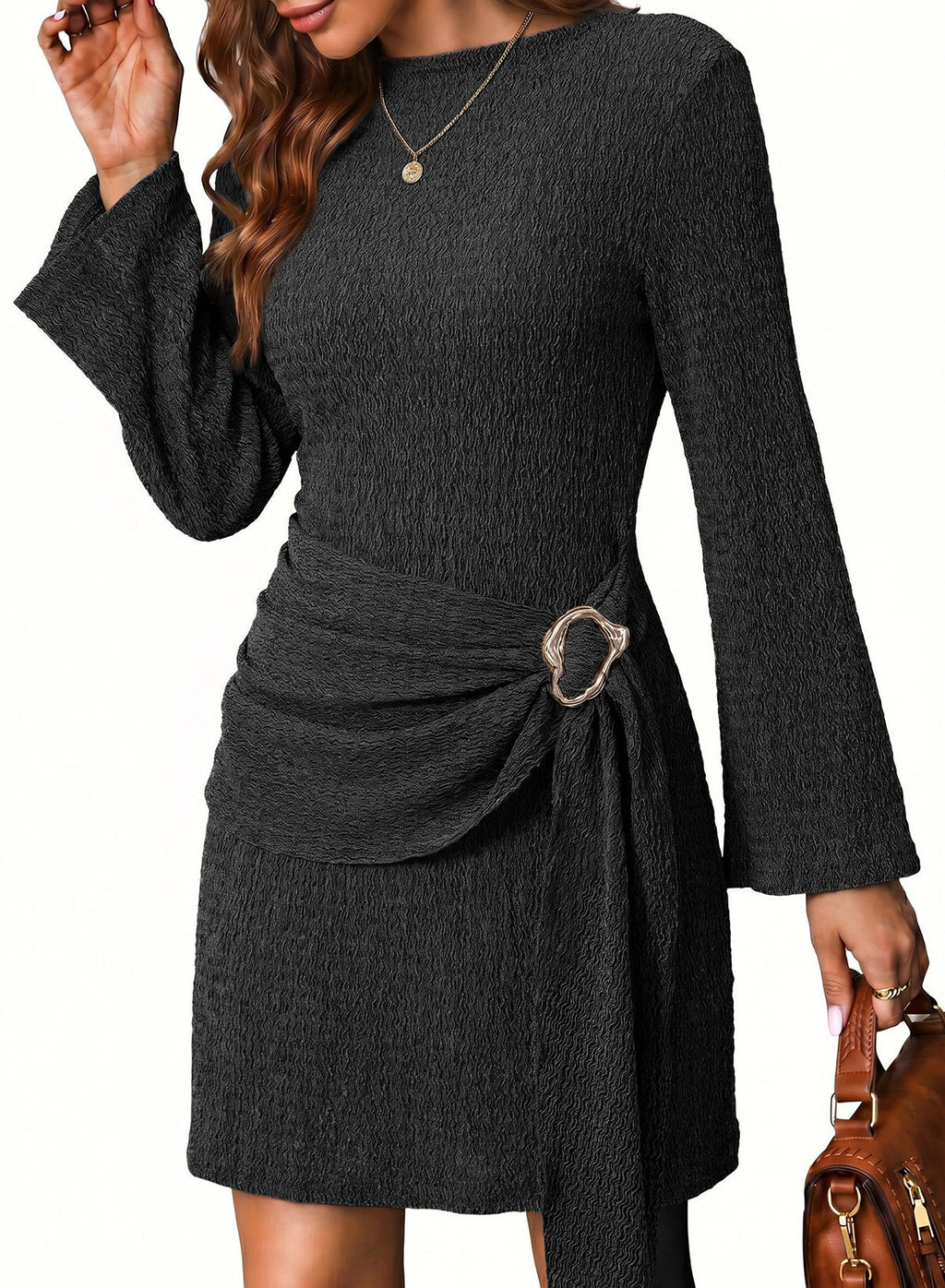 Womens Bell Long Sleeve Mock Neck Tie Waist Ruched Mini Dresses
