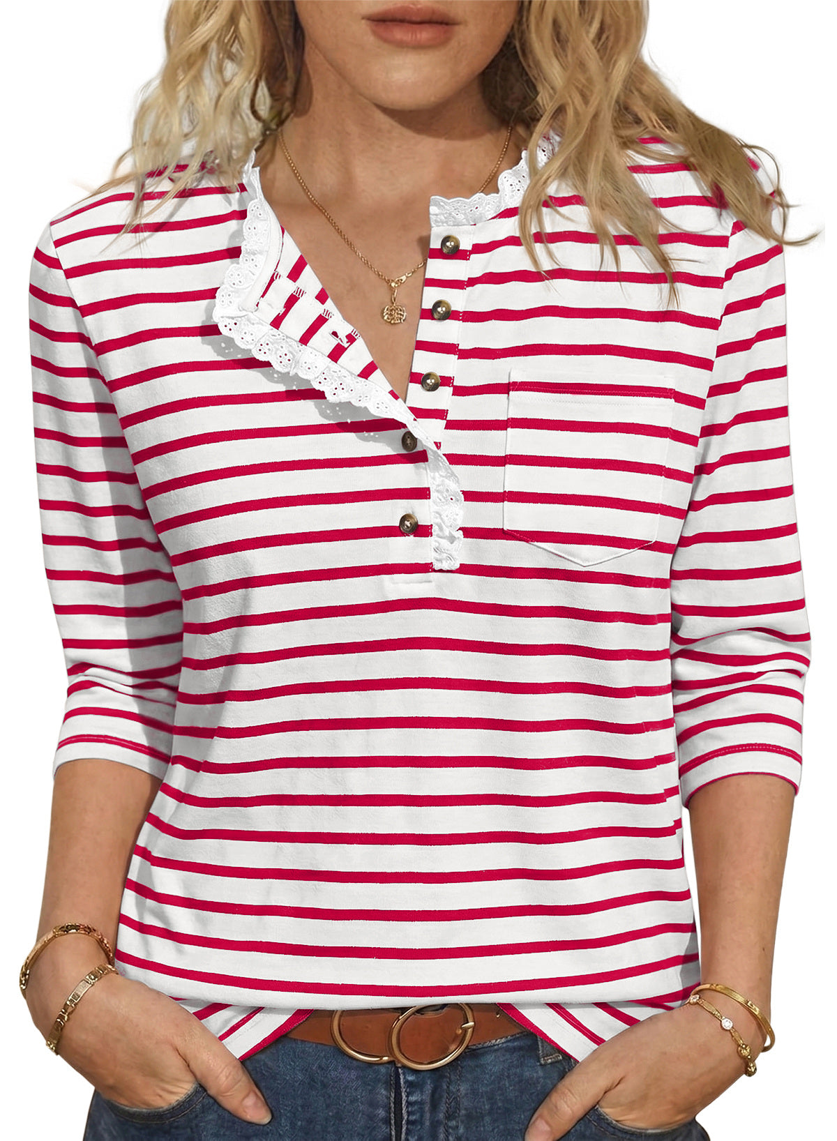 Womens Tops 3/4 Length Sleeve V Neck Loose Casual T Shirts