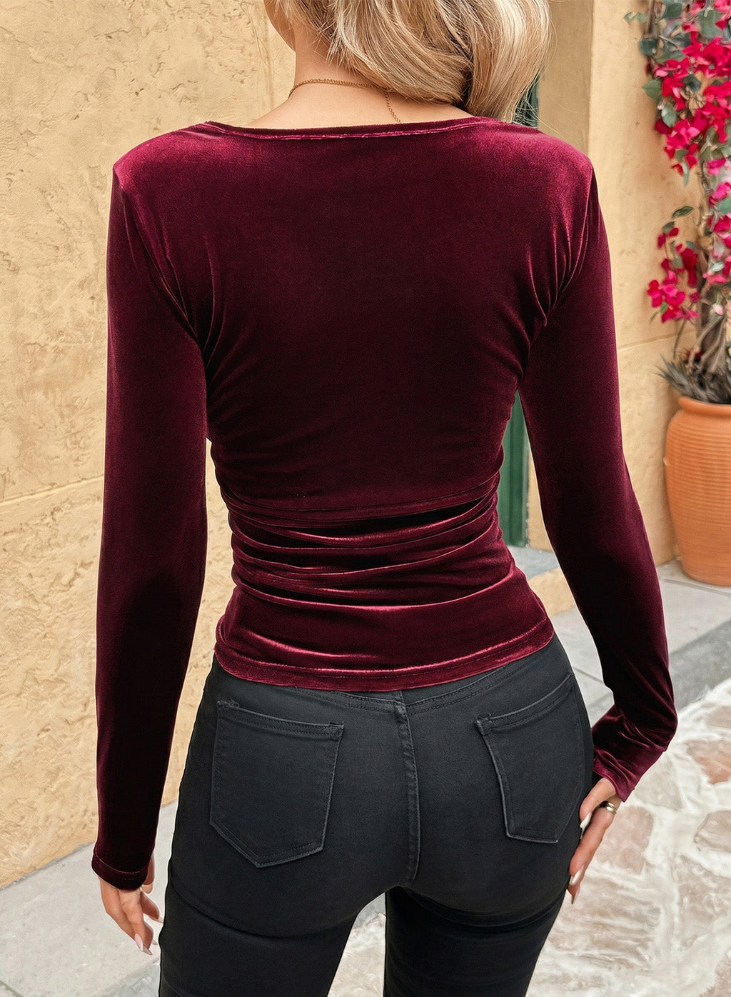 Dokotoo Womens Deep V Neck Long Sleeve Ruched Slim Fit Wrap Velvet Tops