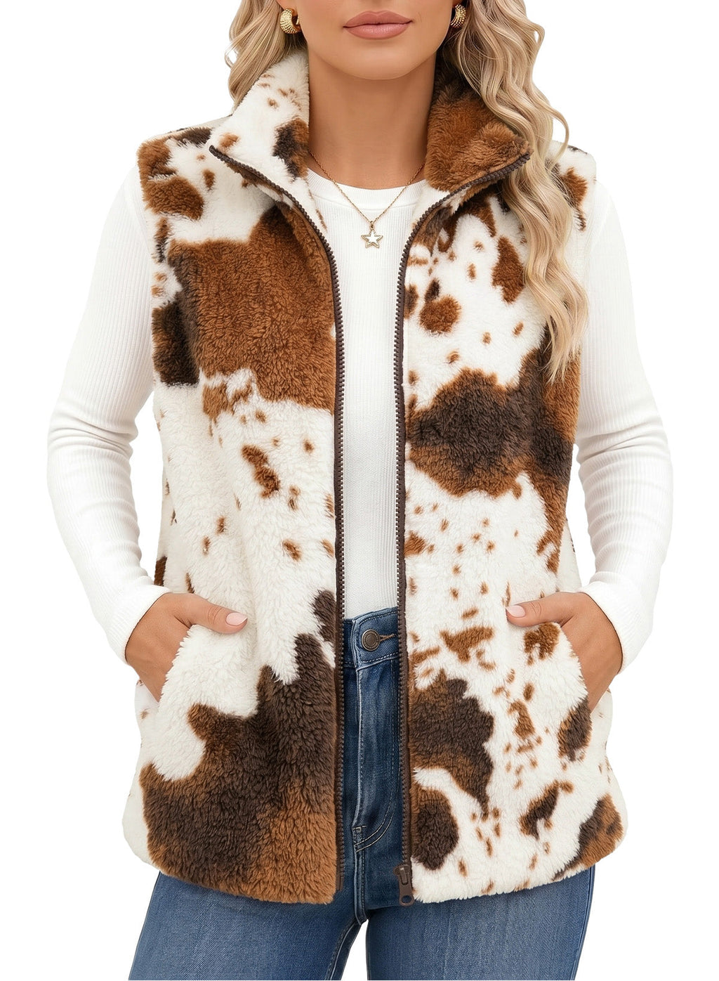 Dokotoo Womens Fleece Vest Zip Up Cow Print Sherpa Sleeveless Jacket