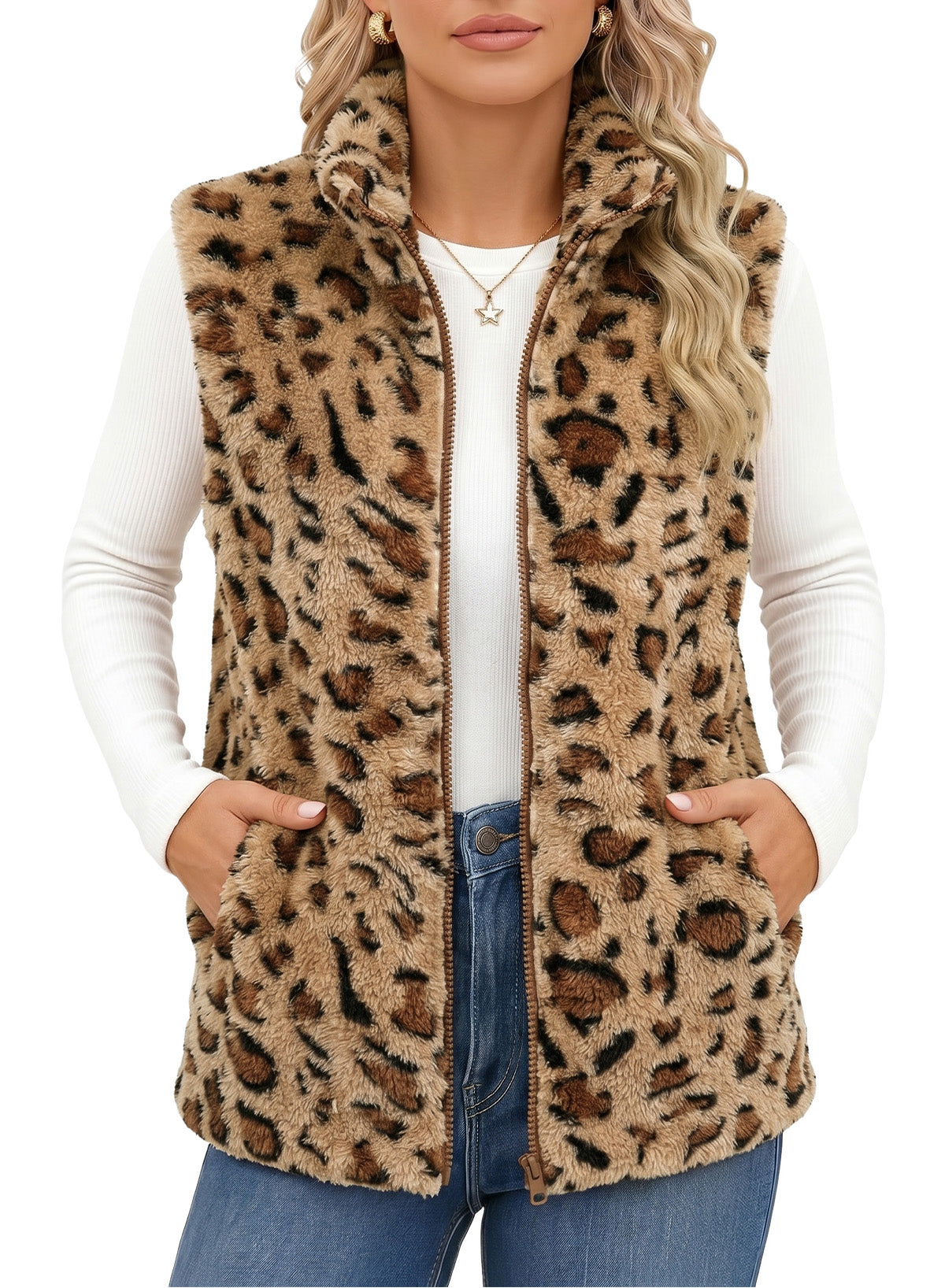 Dokotoo Womens Fleece Vest Zip Up Cow Print Sherpa Sleeveless Jacket