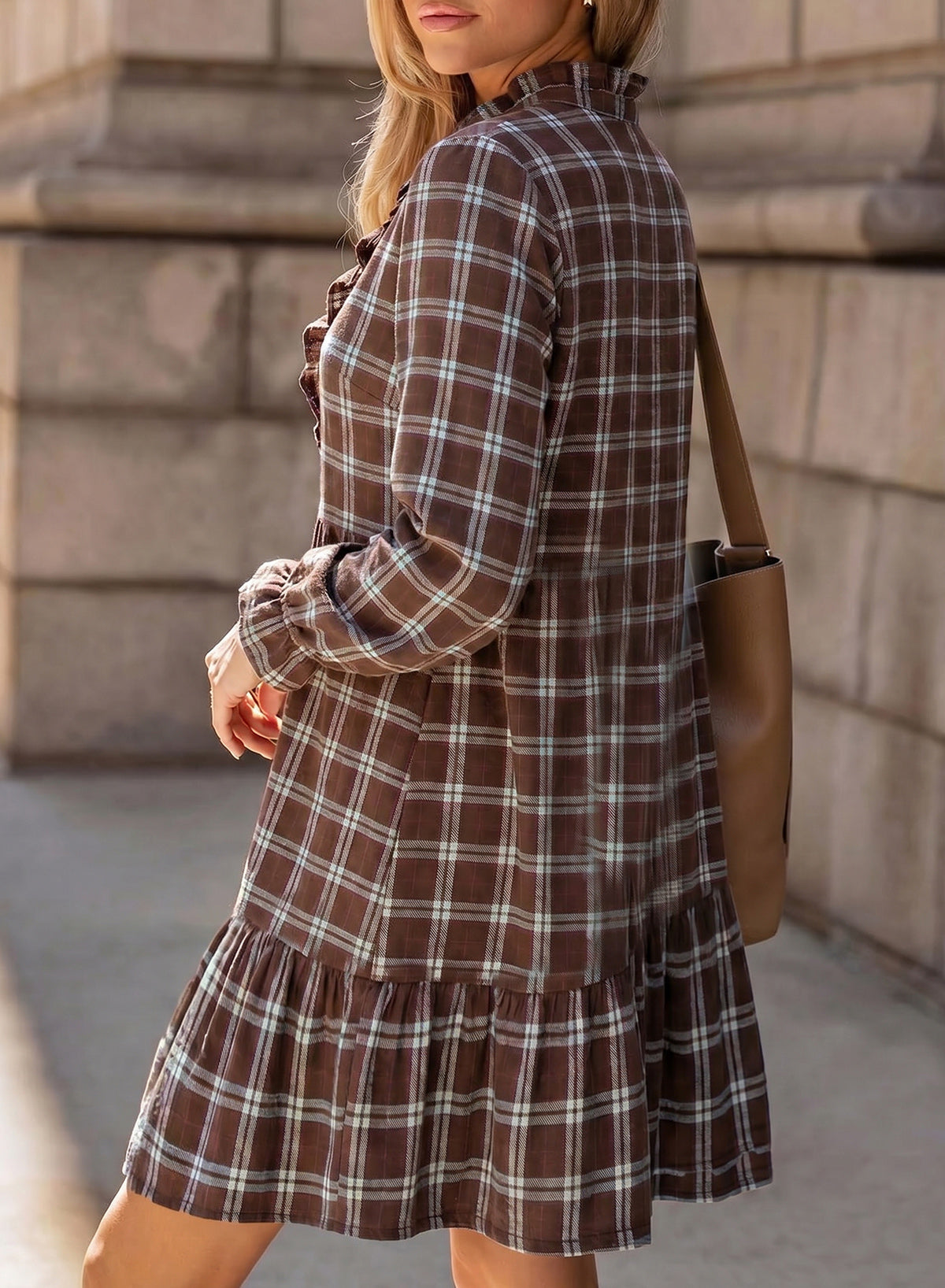 Dokotoo Fall Dresses for Women Long Sleeve Ruffled Button Down Plaid Dress