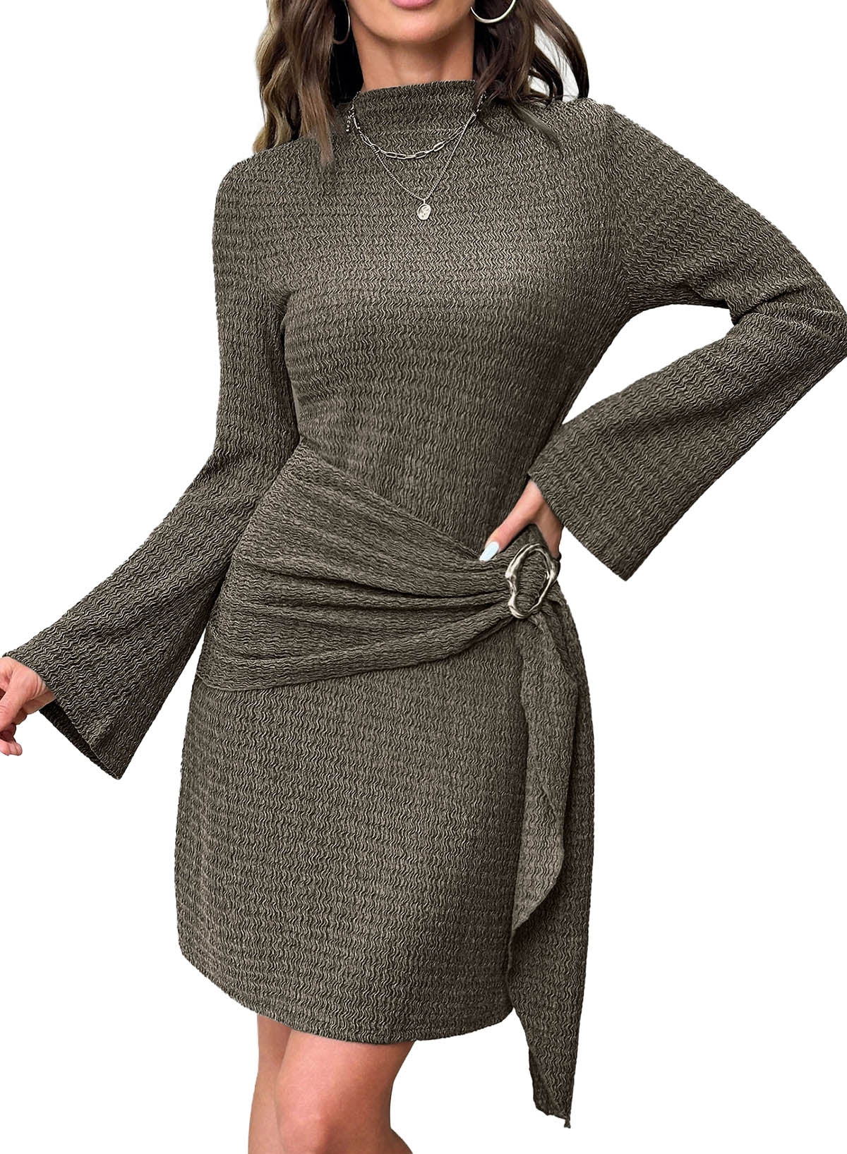 Womens Bell Long Sleeve Mock Neck Tie Waist Ruched Mini Dresses