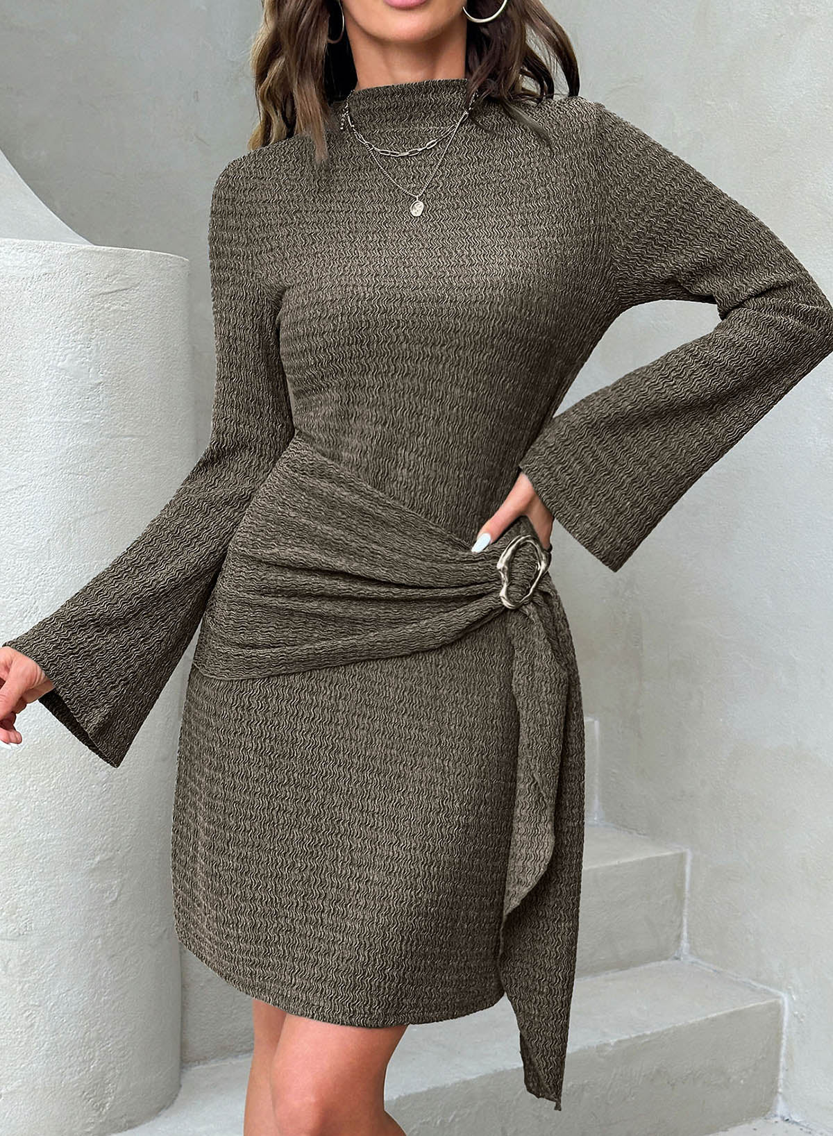 Womens Bell Long Sleeve Mock Neck Tie Waist Ruched Mini Dresses