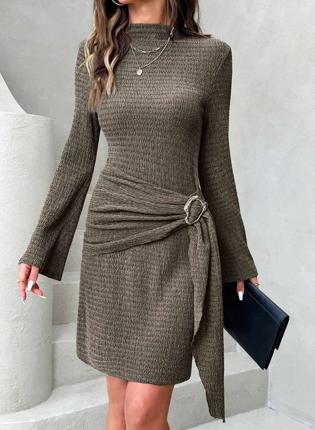 Womens Bell Long Sleeve Mock Neck Tie Waist Ruched Mini Dresses