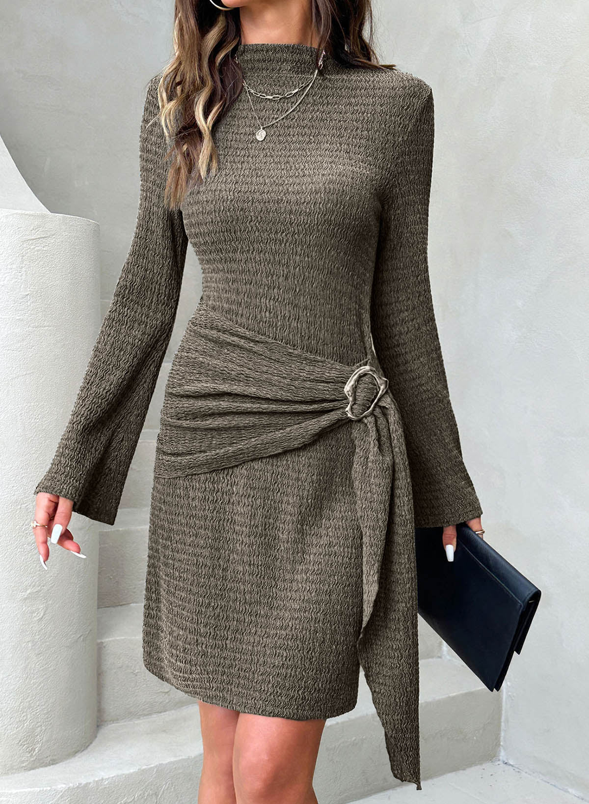 Womens Bell Long Sleeve Mock Neck Tie Waist Ruched Mini Dresses