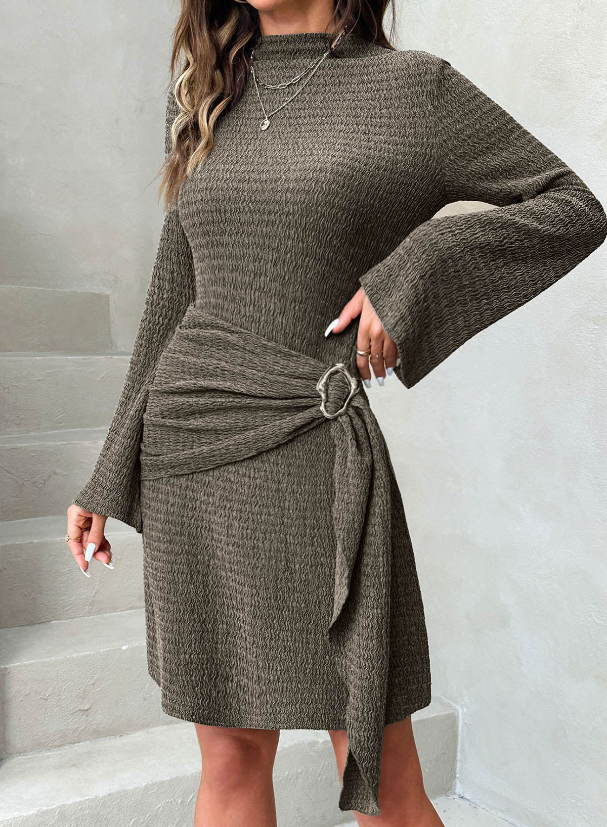 Womens Bell Long Sleeve Mock Neck Tie Waist Ruched Mini Dresses