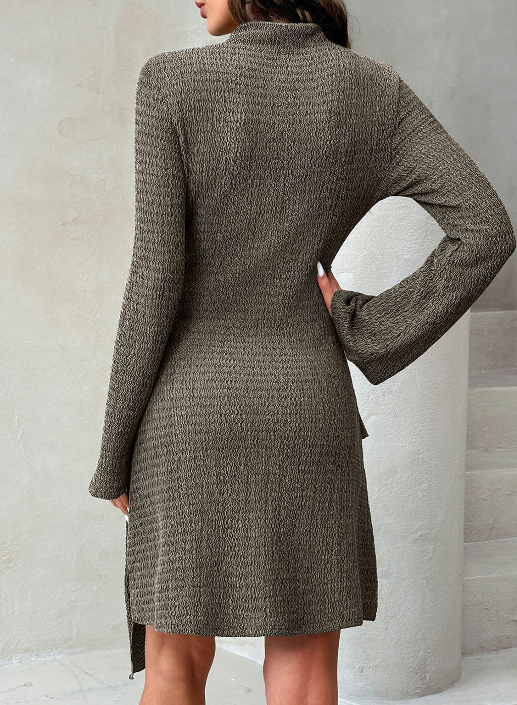 Womens Bell Long Sleeve Mock Neck Tie Waist Ruched Mini Dresses