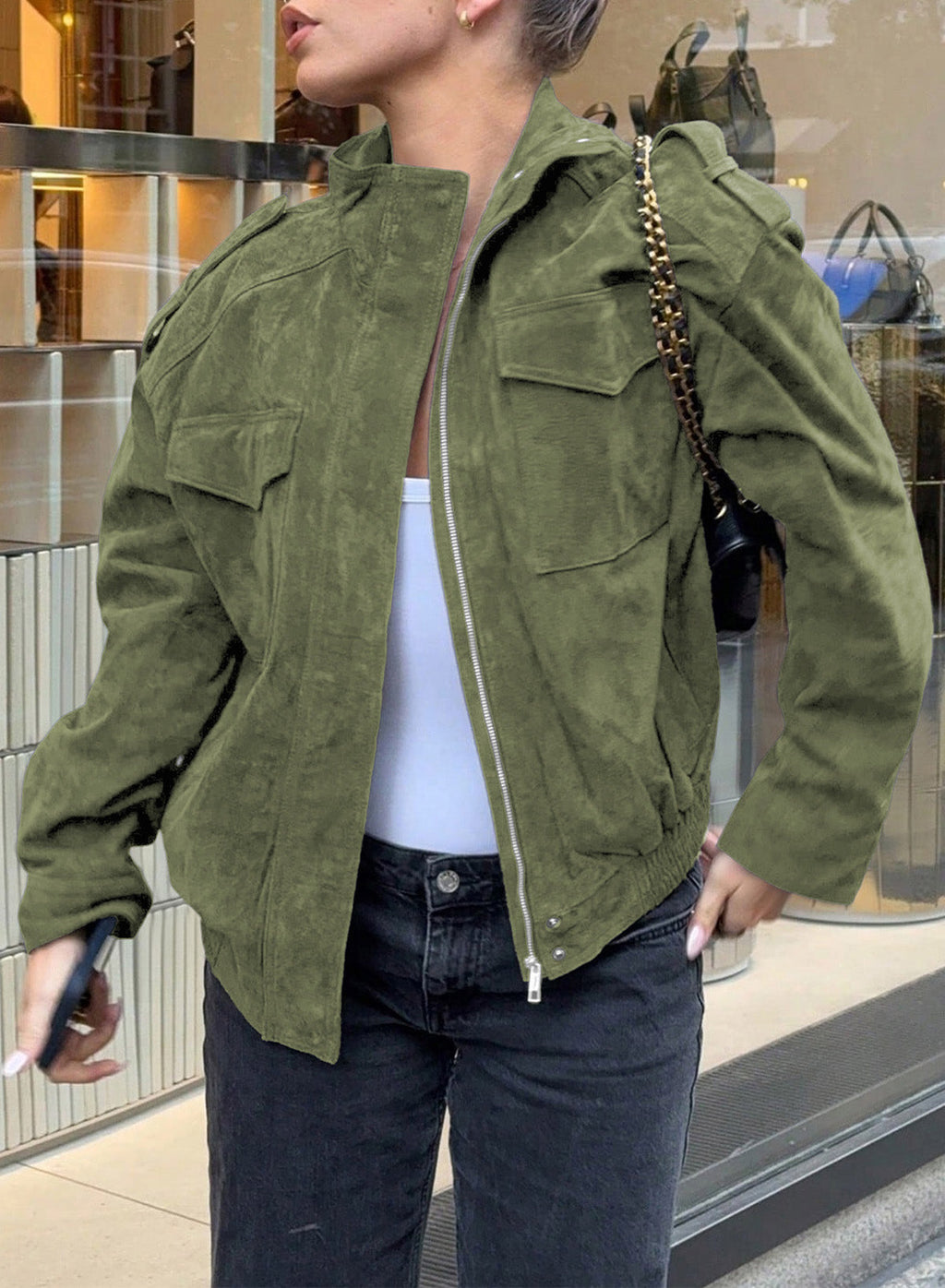 Dokotoo Womens Casual Cropped Bomber Jackets Trendy Solid Zip Up Coats