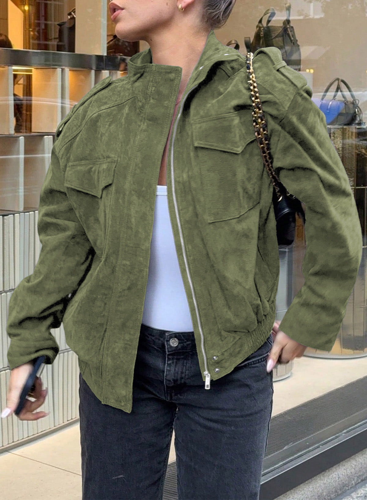 Dokotoo Womens Casual Cropped Bomber Jackets Trendy Solid Zip Up Coats