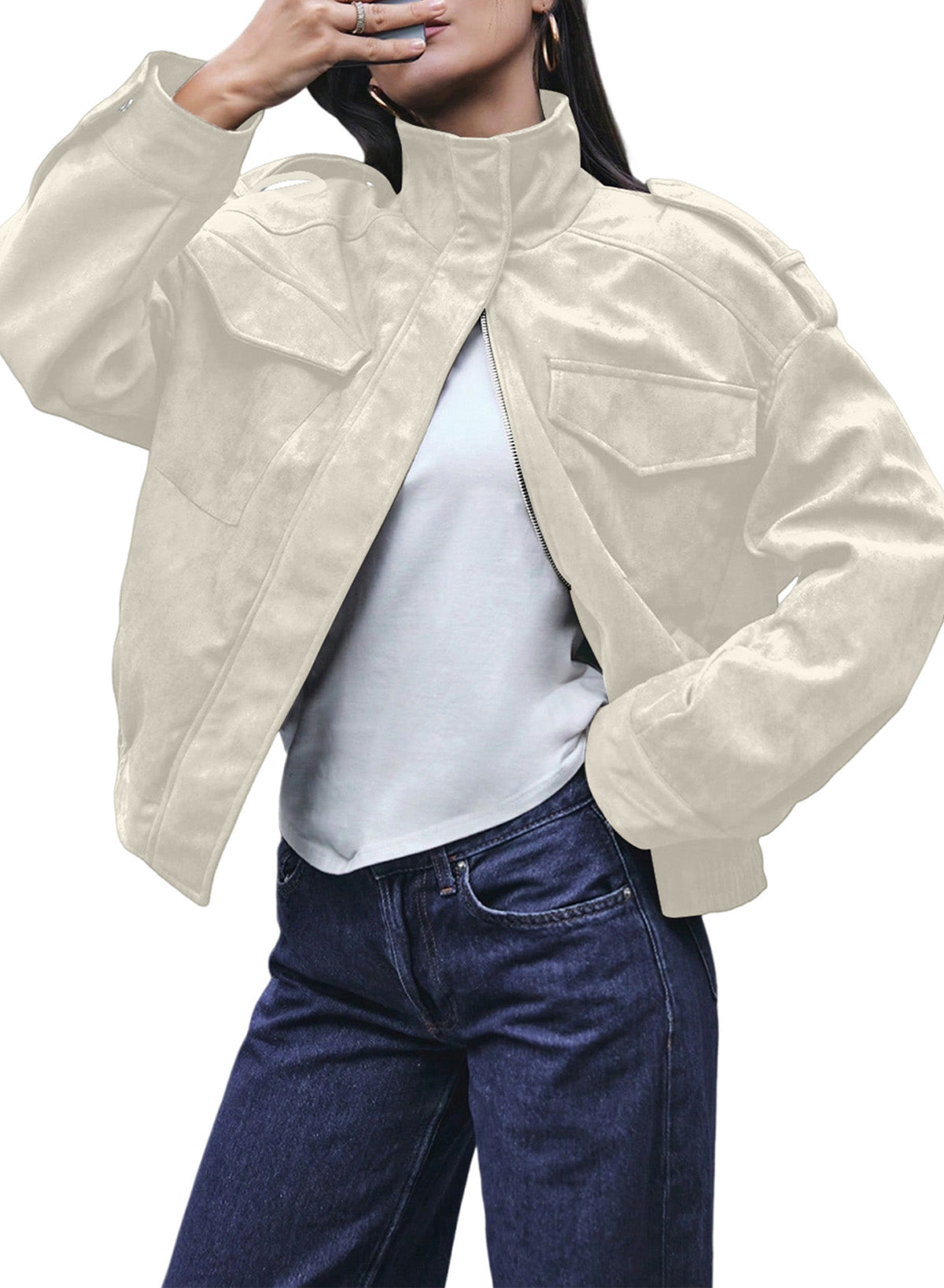 Dokotoo Womens Casual Cropped Bomber Jackets Trendy Solid Zip Up Coats