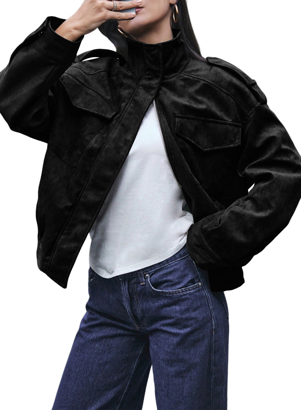 Dokotoo Womens Casual Cropped Bomber Jackets Trendy Solid Zip Up Coats