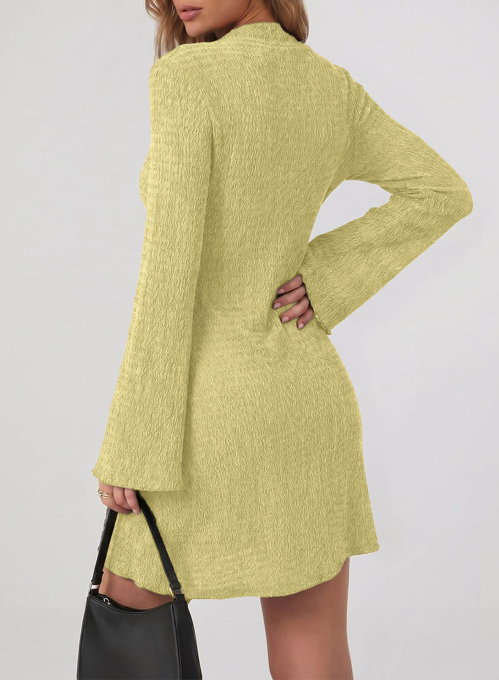 Womens Bell Long Sleeve Mock Neck Tie Waist Ruched Mini Dresses