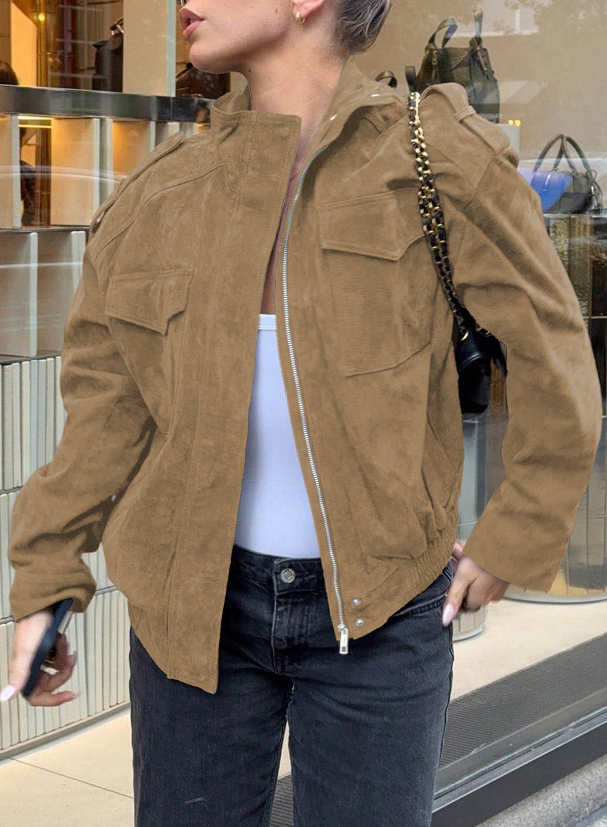 Dokotoo Womens Casual Cropped Bomber Jackets Trendy Solid Zip Up Coats