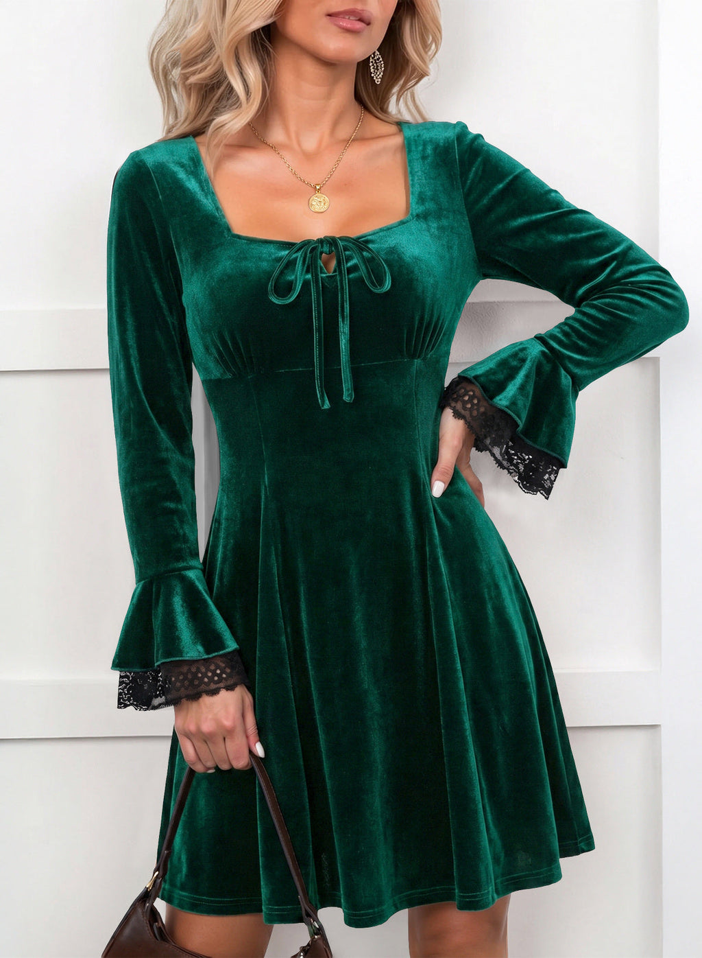 Dokotoo Womens Fall Dresses Lace Long Sleeve Velvet Dress