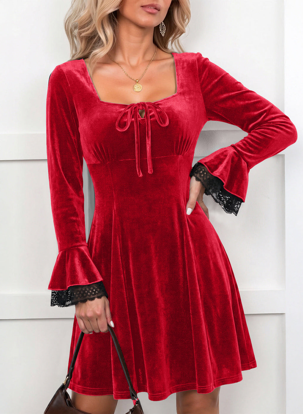 Dokotoo Womens Fall Dresses Lace Long Sleeve Velvet Dress