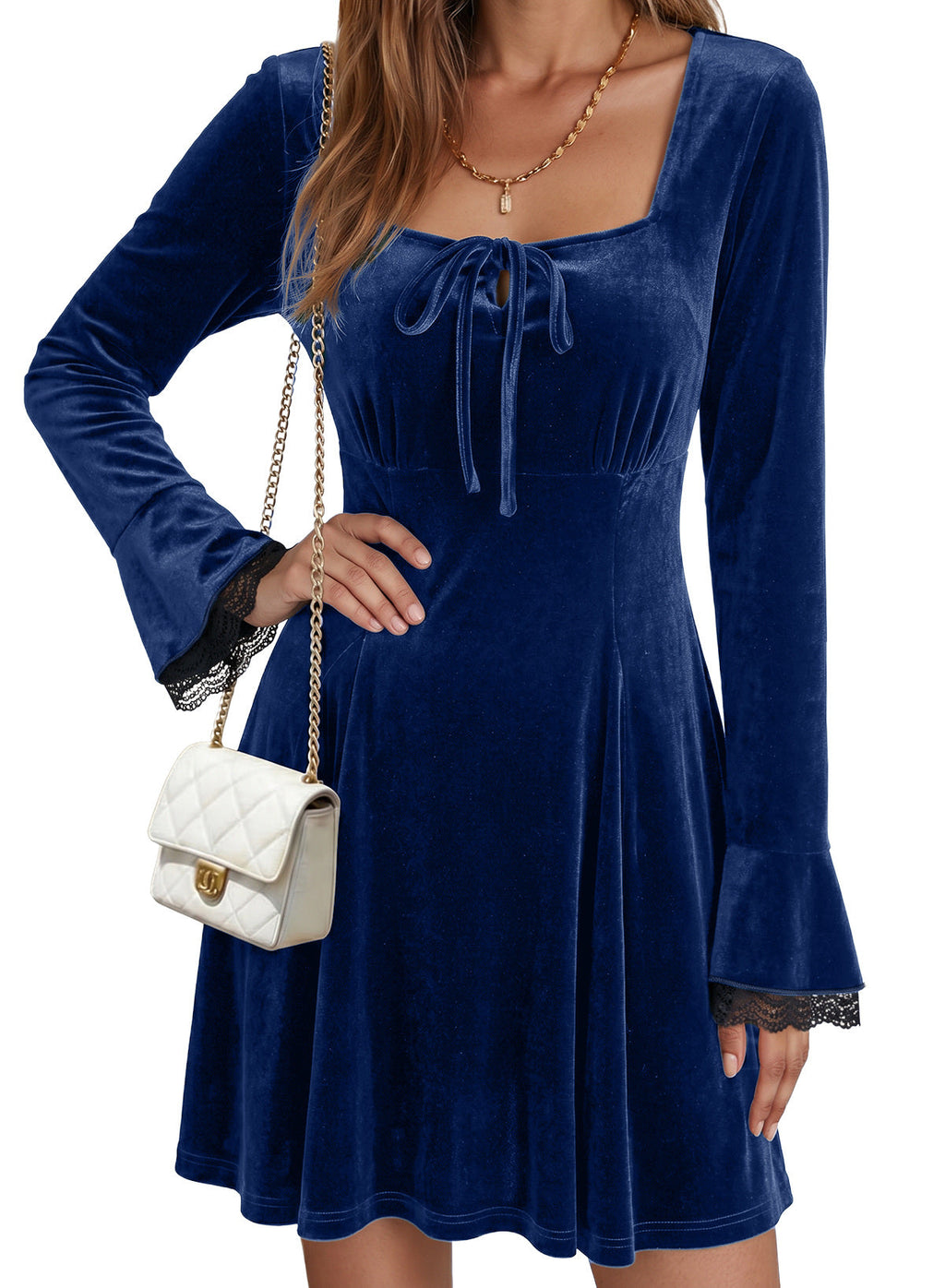 Dokotoo Womens Fall Dresses Lace Long Sleeve Velvet Dress