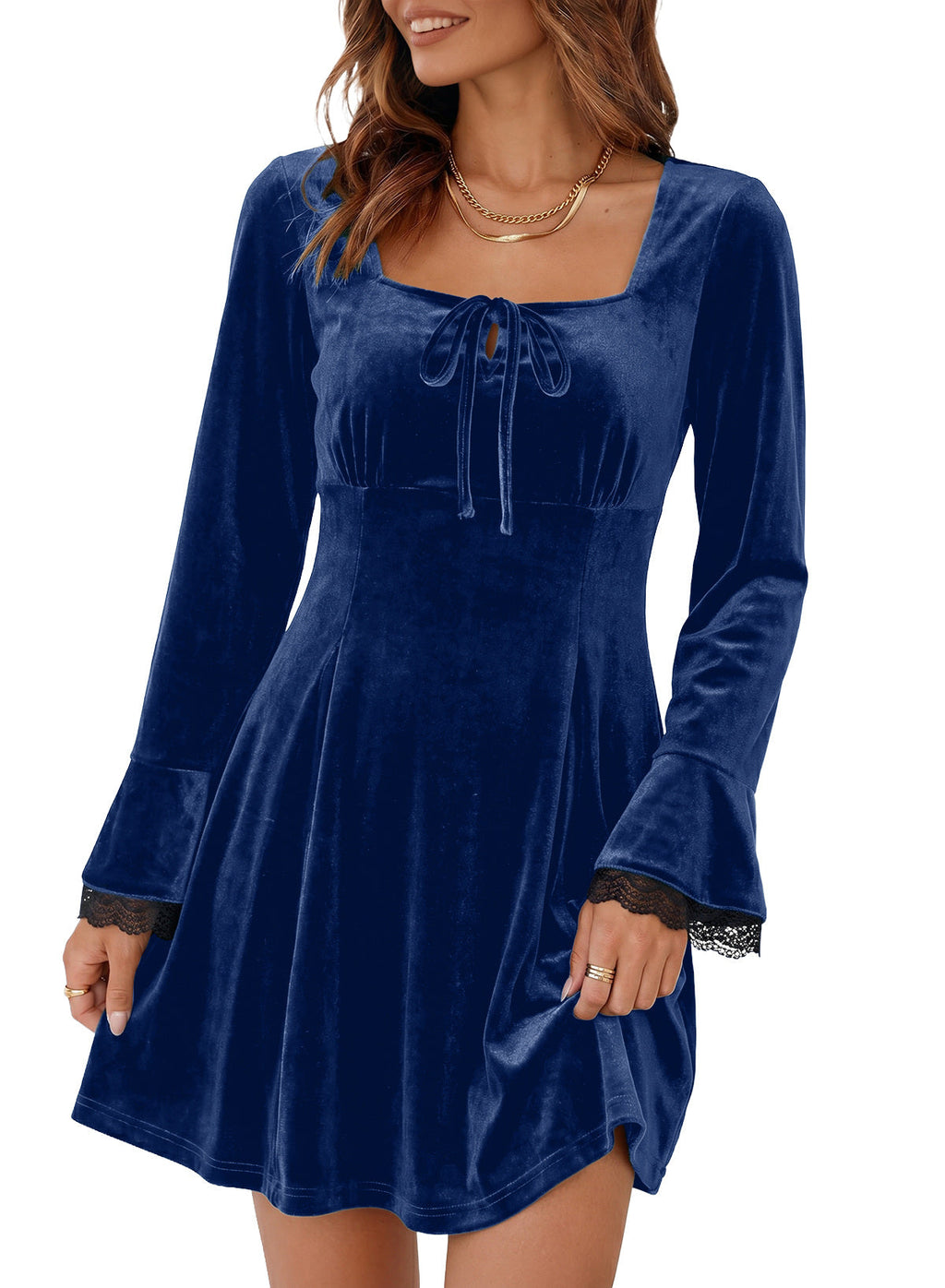Dokotoo Womens Fall Dresses Lace Long Sleeve Velvet Dress