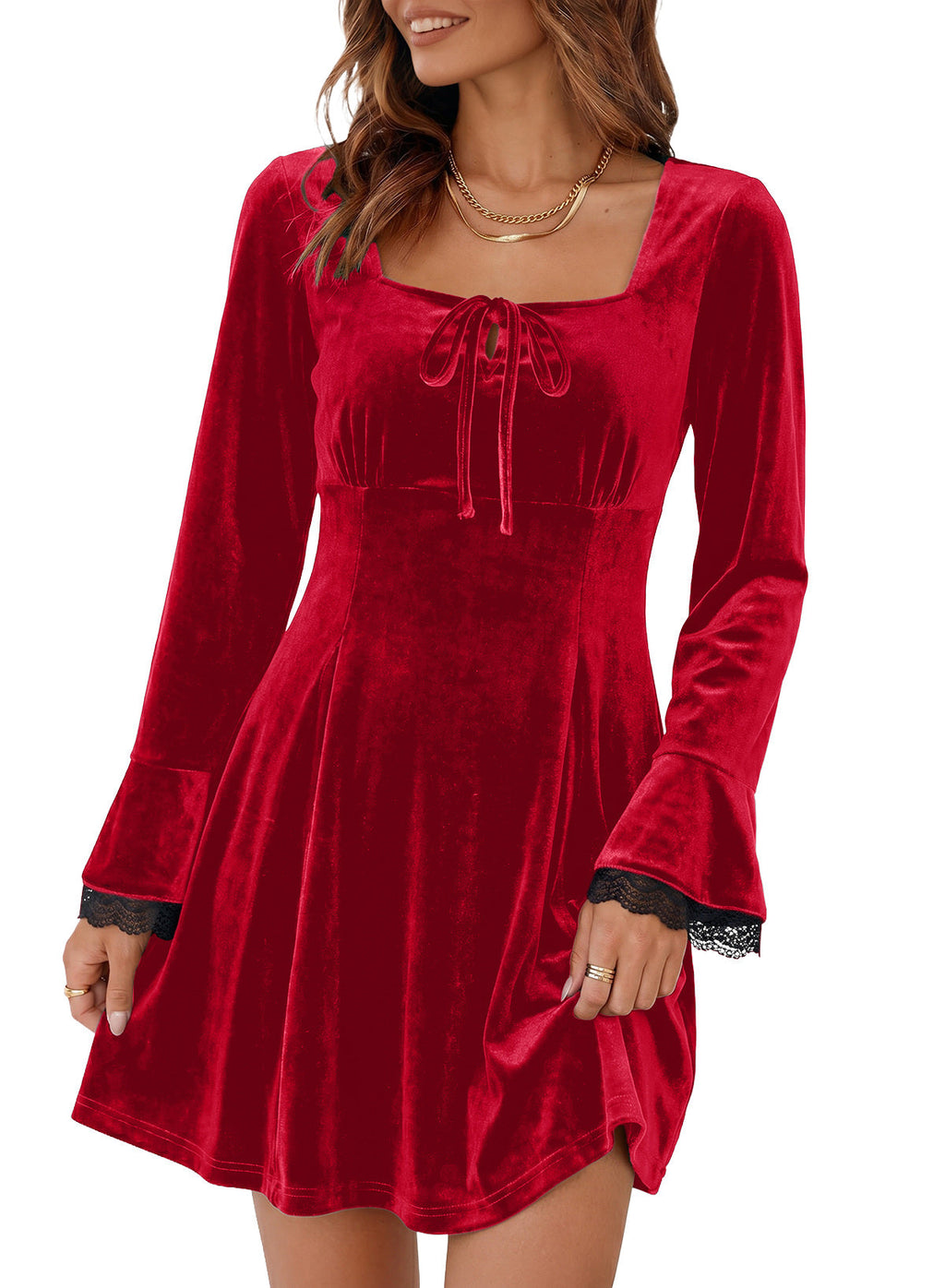Dokotoo Womens Fall Dresses Lace Long Sleeve Velvet Dress
