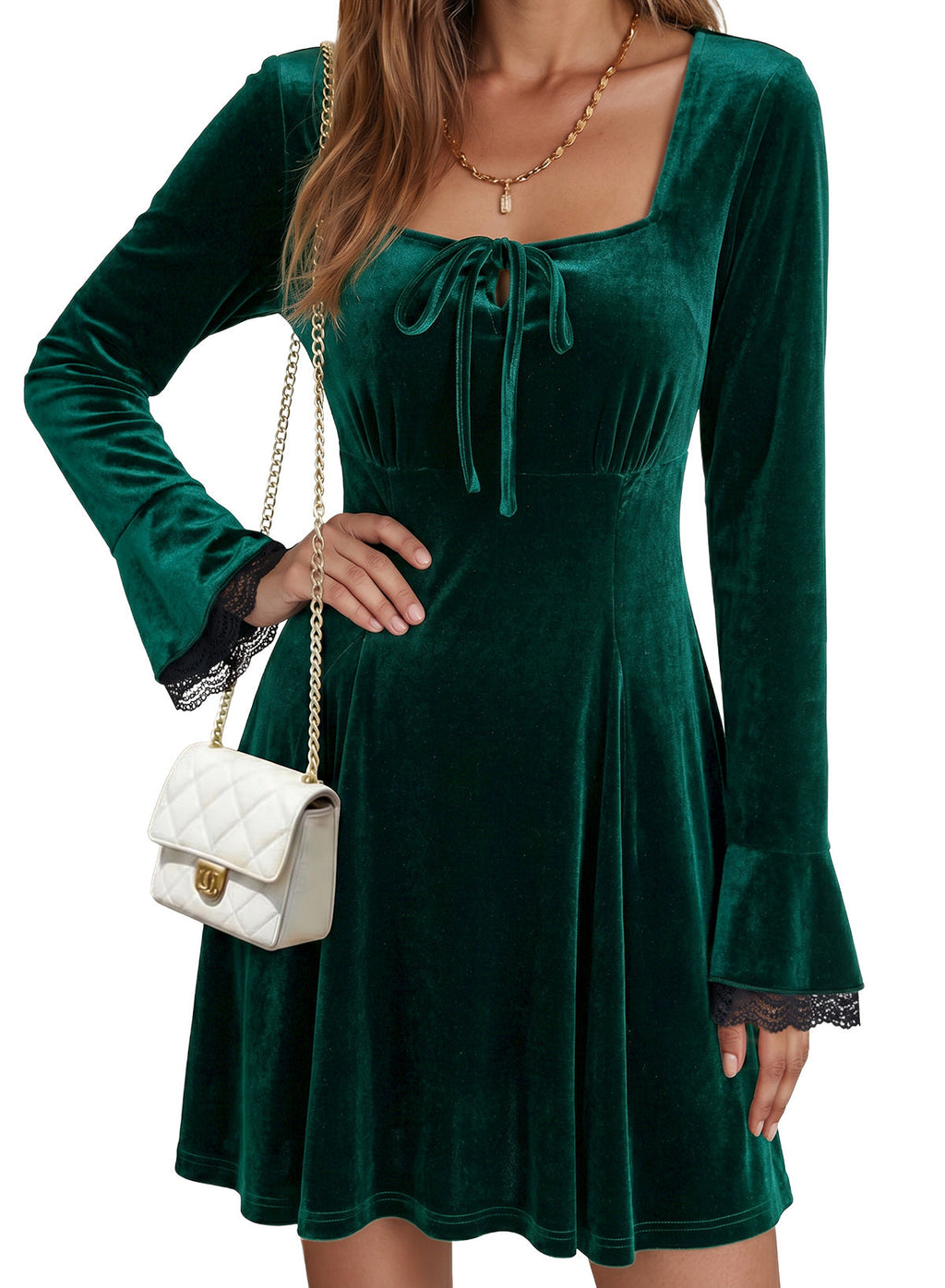 Dokotoo Womens Fall Dresses Lace Long Sleeve Velvet Dress