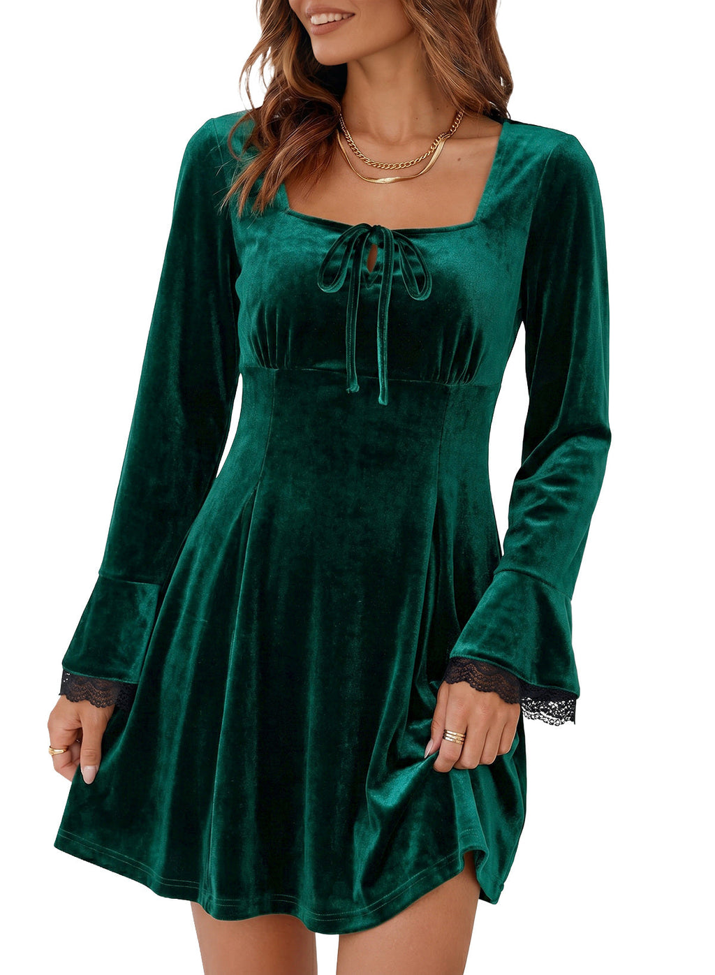 Dokotoo Womens Fall Dresses Lace Long Sleeve Velvet Dress