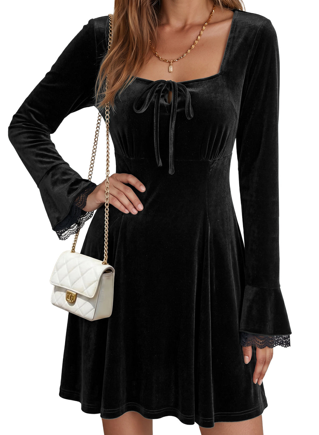 Dokotoo Womens Fall Dresses Lace Long Sleeve Velvet Dress