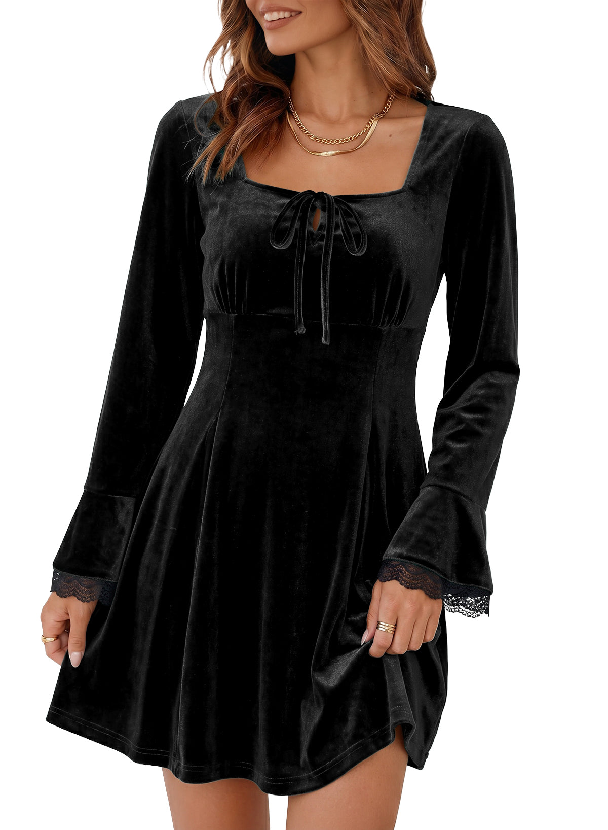 Dokotoo Womens Fall Dresses Lace Long Sleeve Velvet Dress