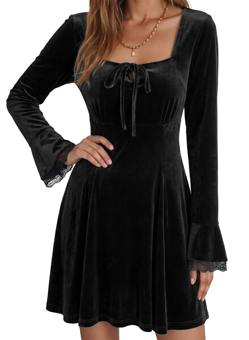 Dokotoo Womens Fall Dresses Lace Long Sleeve Velvet Dress