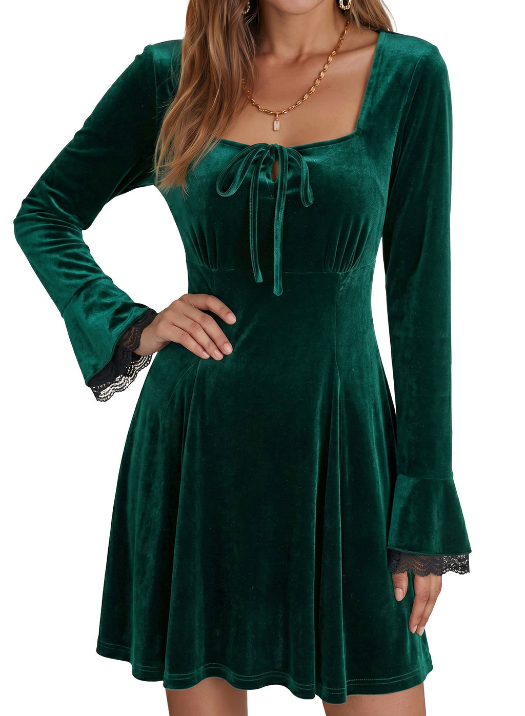 Dokotoo Womens Fall Dresses Lace Long Sleeve Velvet Dress
